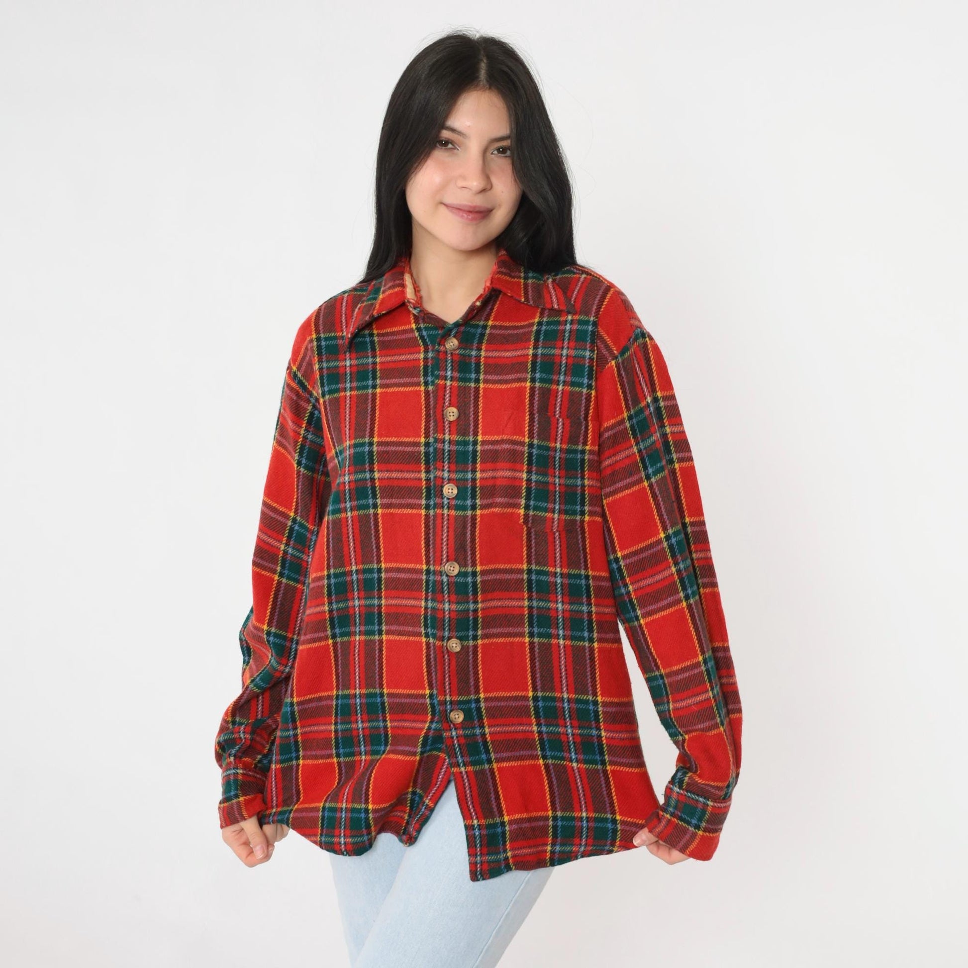 70s Red Plaid Wool Shirt Button Up Long Sleeve Tartan Large