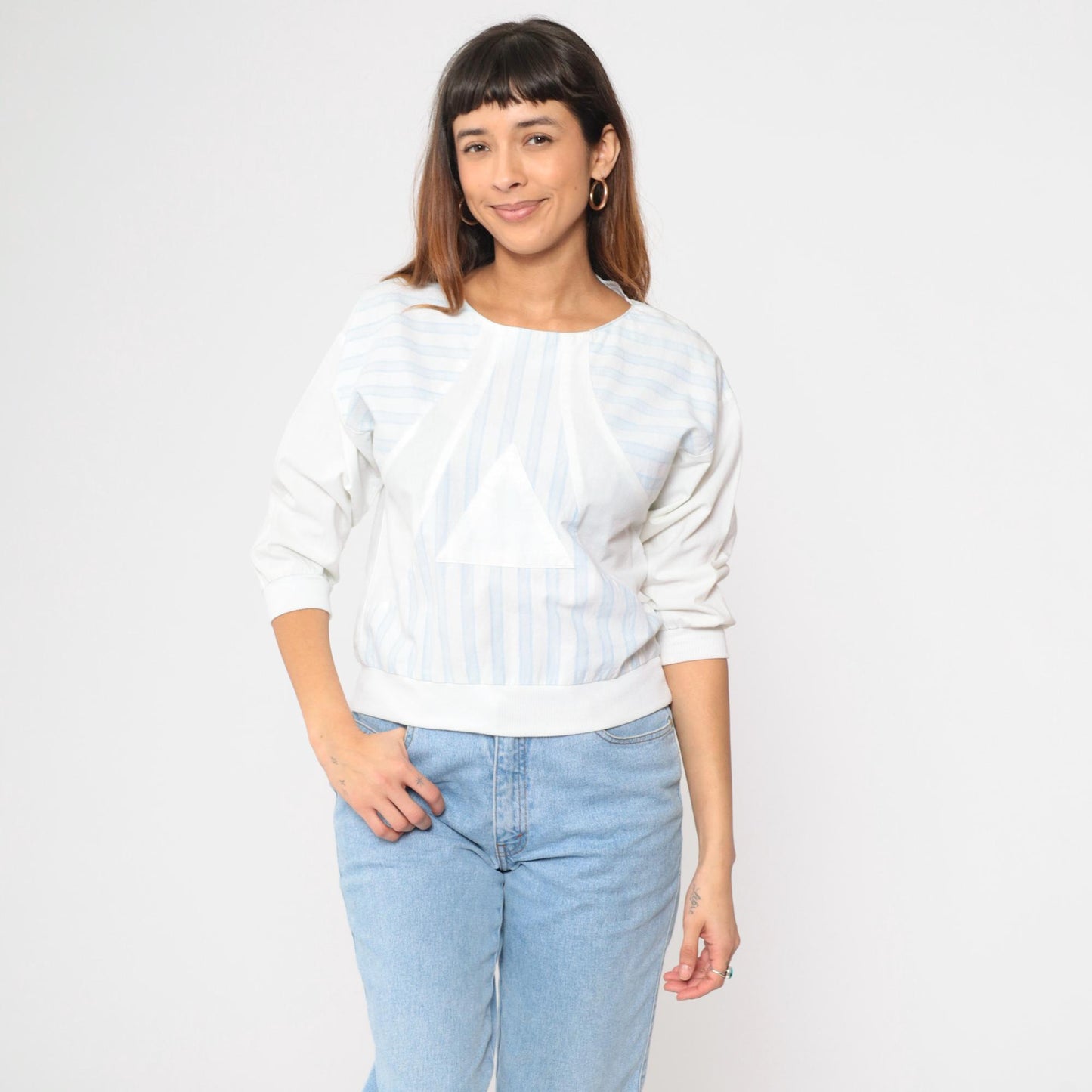 80s Striped T-Shirt Baby Blue White Triangle Graphic Half Sleeve Small