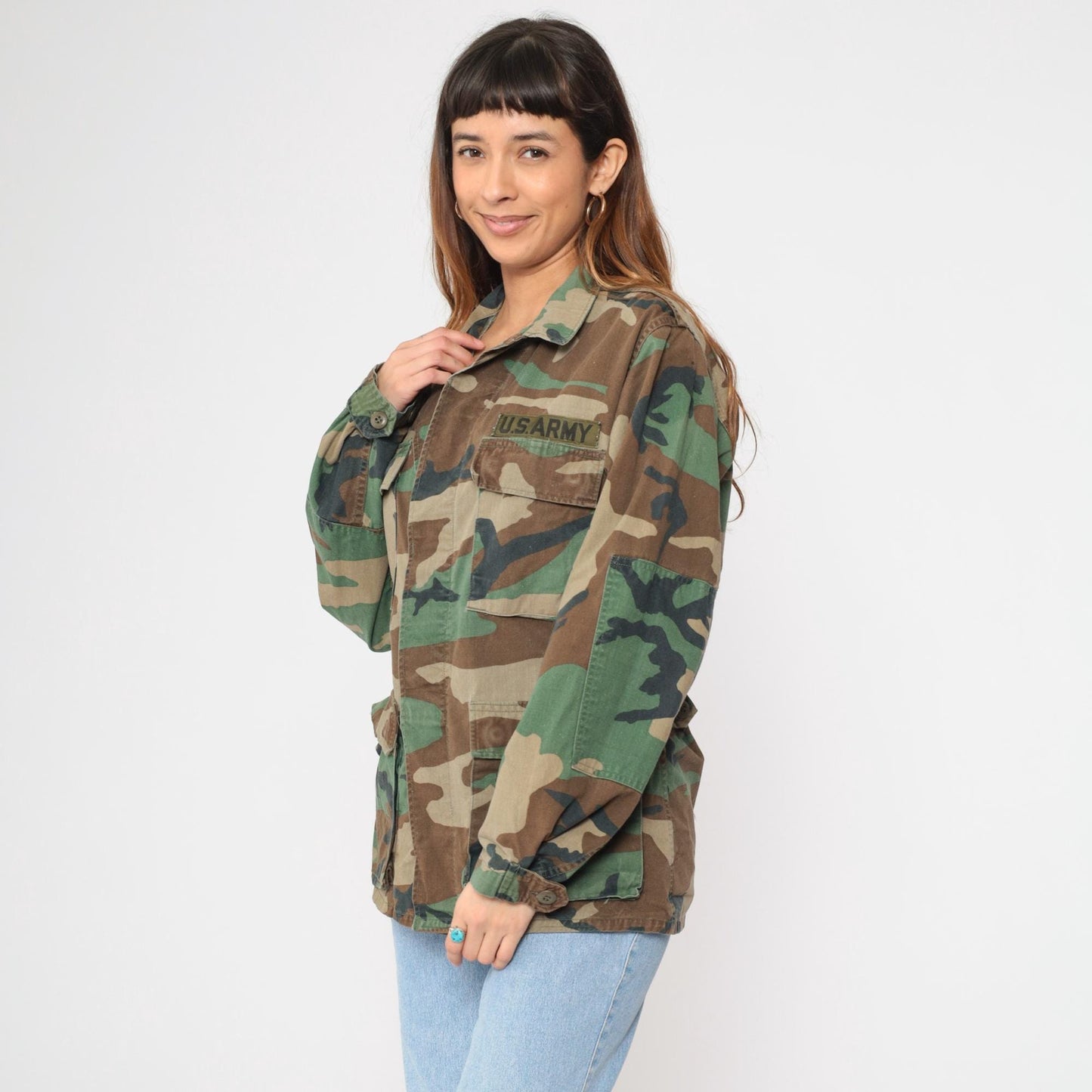 90s US Army Woodland Camouflage Field Jacket Button Up Small Regular