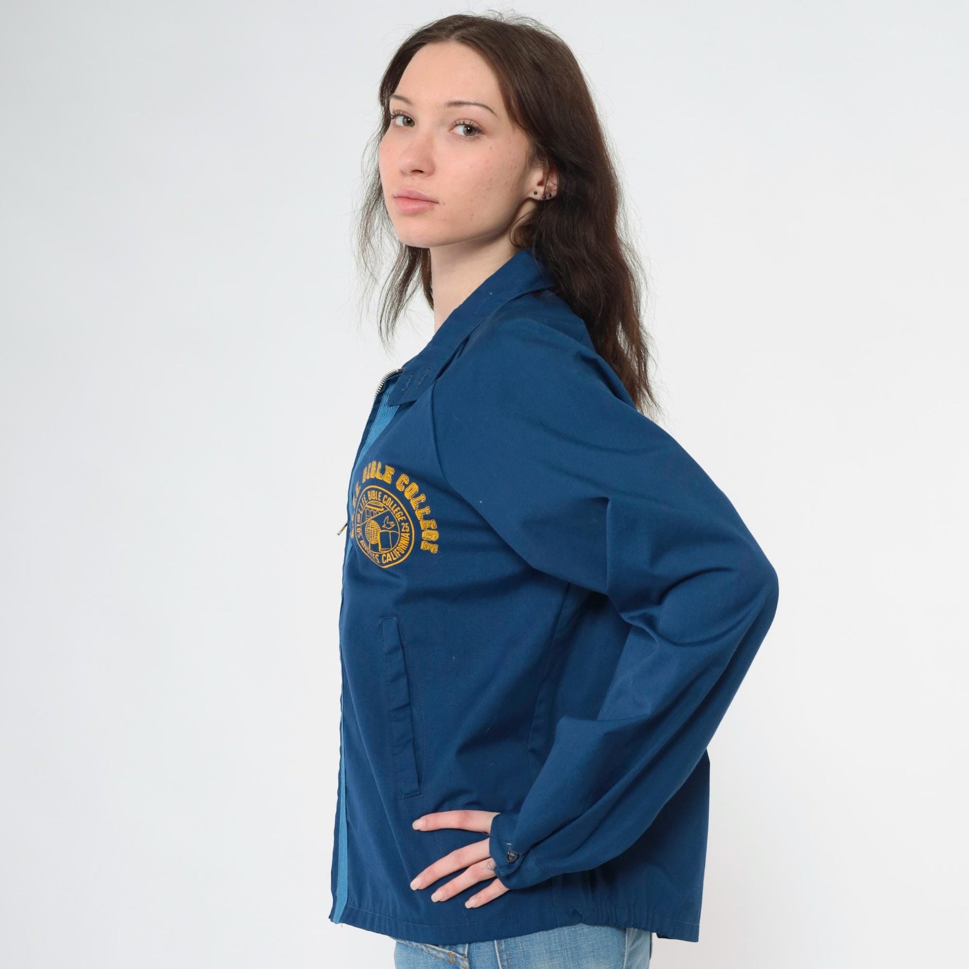 80s LIFE Bible College Los Angeles Sportmaster Windbreaker Jacket Navy Medium M