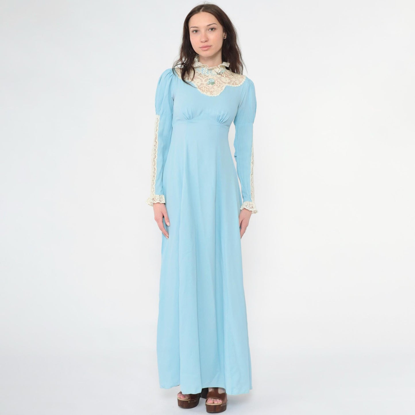 70s Light Blue Maxi Dress Lace Yoke Puff Sleeve High Neck Empire Waist Extra Small