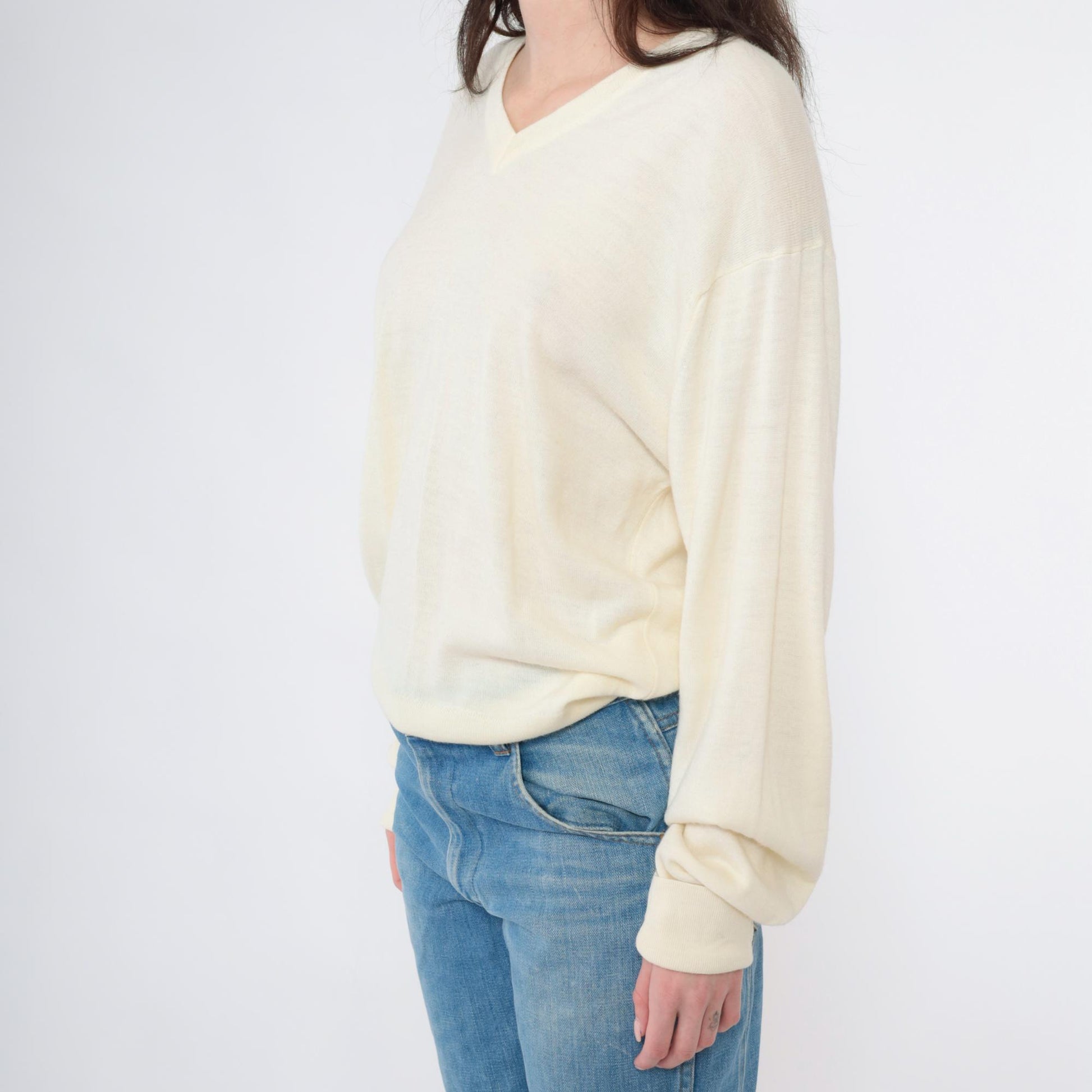 80s Izod Lacoste Cream Wool Blend V-Neck Sweater Pullover Medium