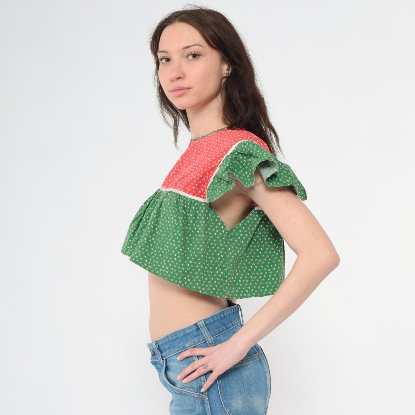 70s Red Green Calico Floral Peasant Blouse Crop Top Flutter Sleeve Small