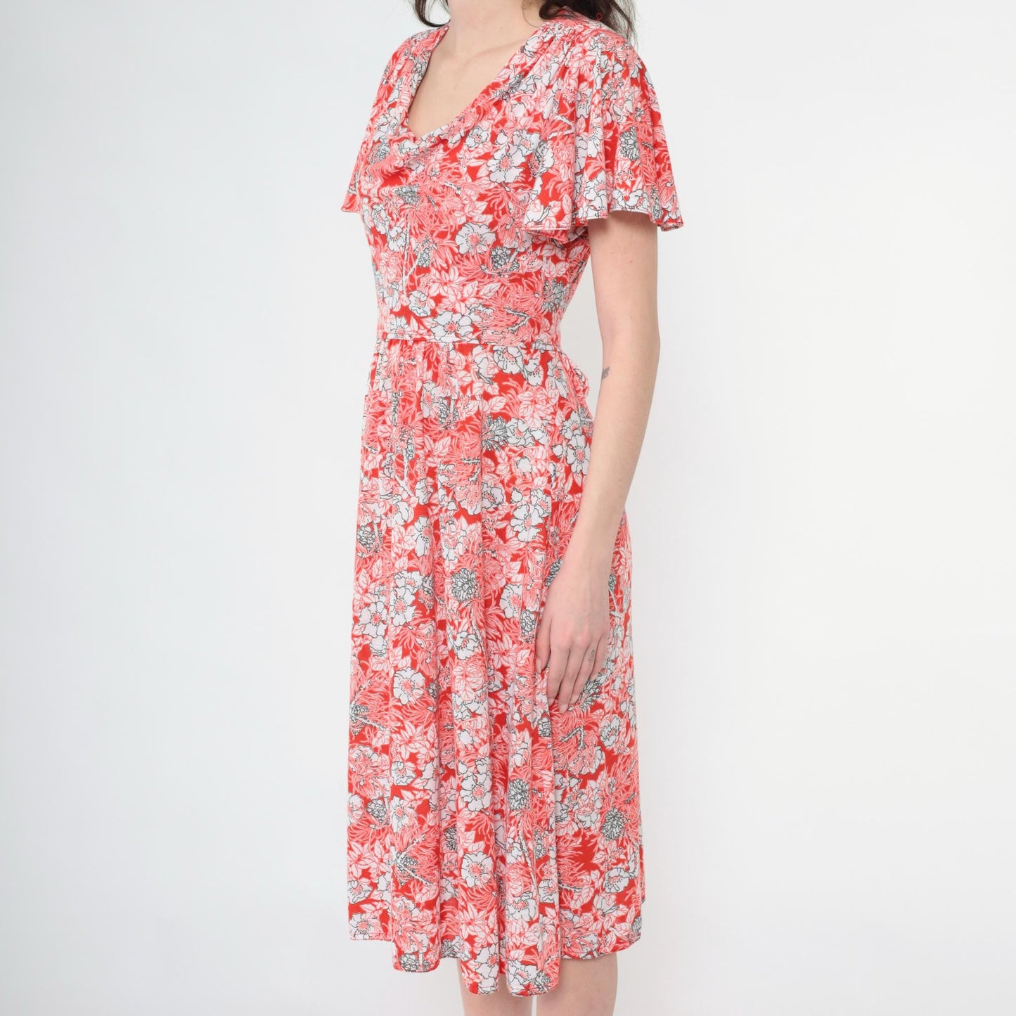 70s Red Floral Midi Dress Cowl Neck Flutter Sleeve High Waist Extra Small