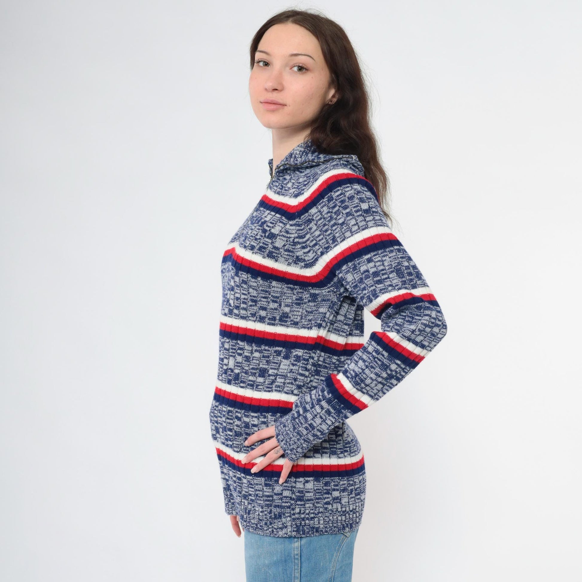 70s Space Dye Striped Quarter Zip Sweater Blue Red White Knit Small