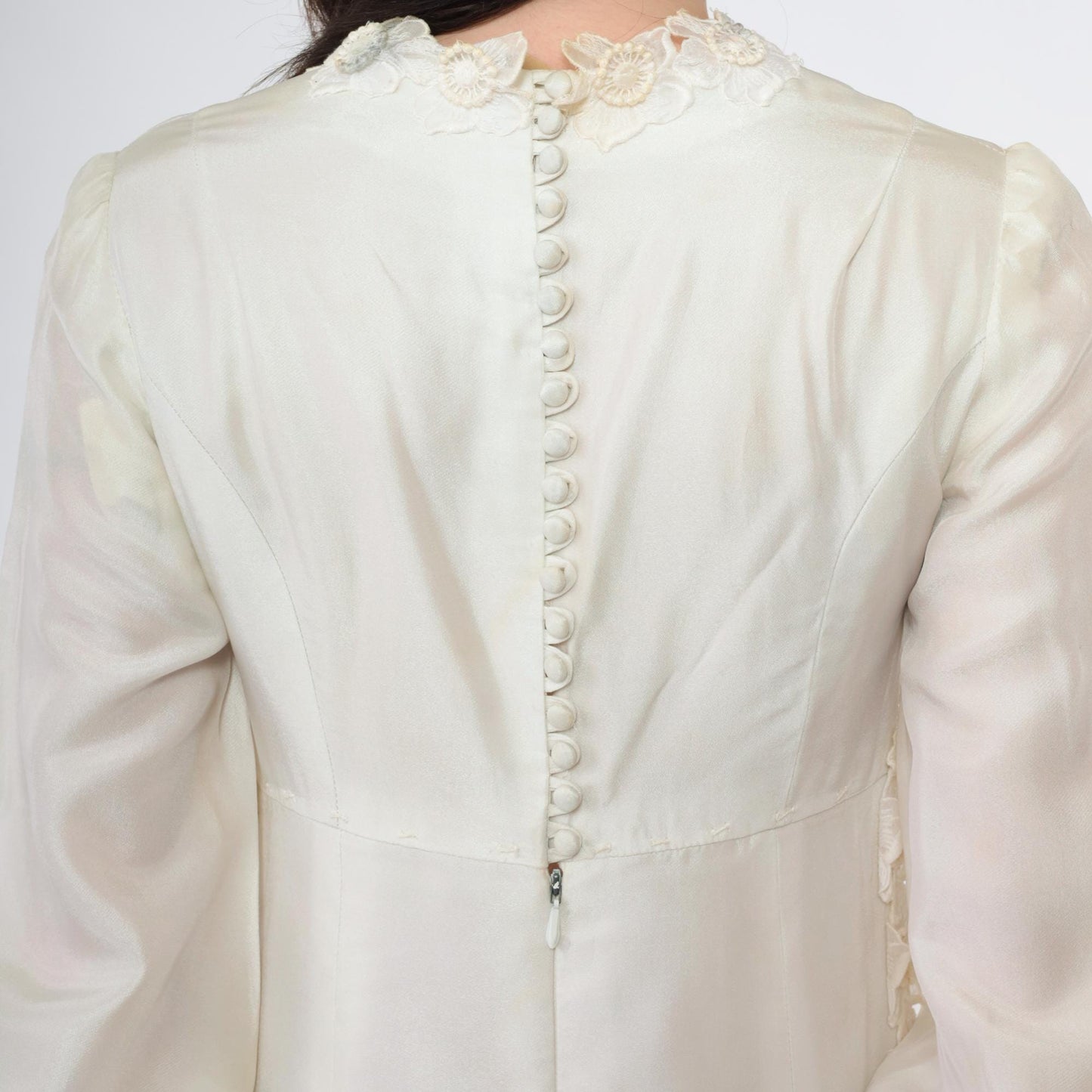1960s Ivory Satin Wedding Dress Empire Waist Bishop Sleeve Floral Appliqué Extra Small