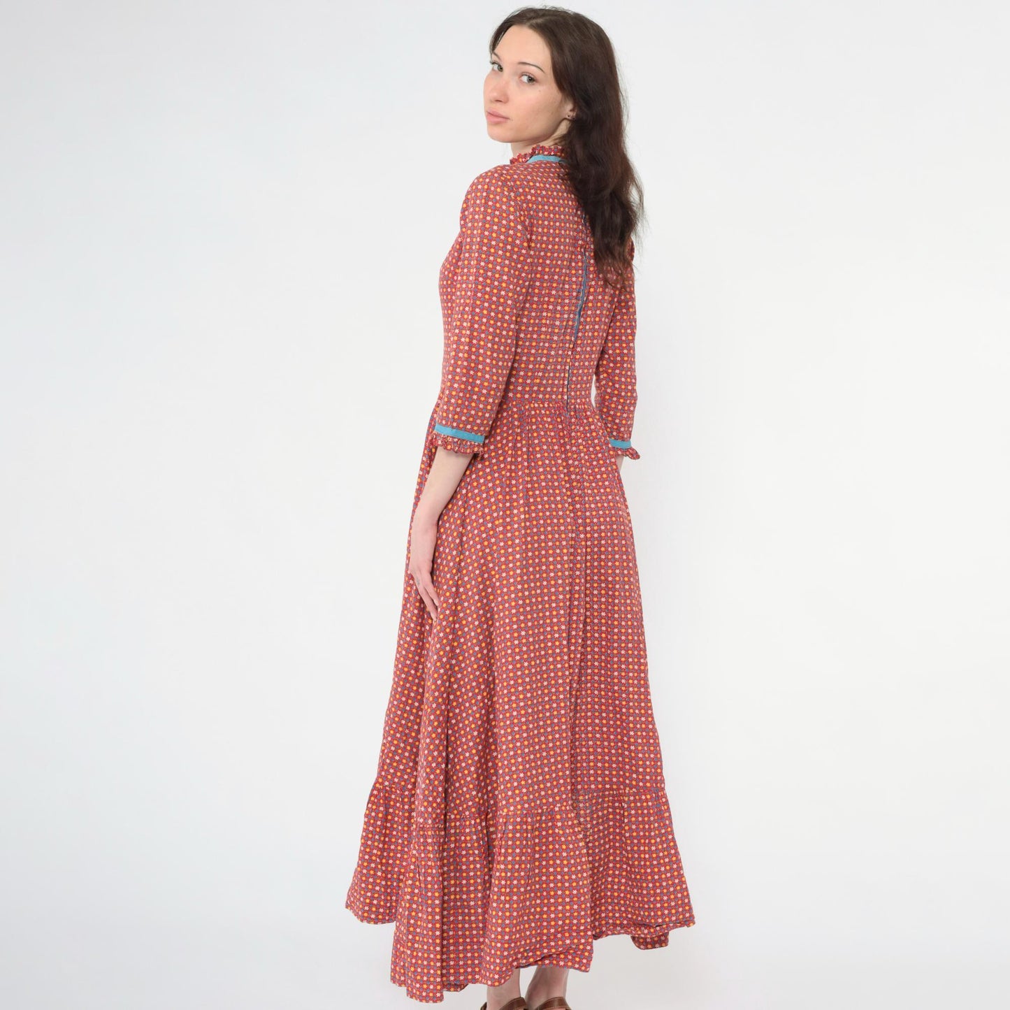 70s Red Calico Floral Maxi Dress High Waisted 3/4 Sleeve Ruffle Trim Small
