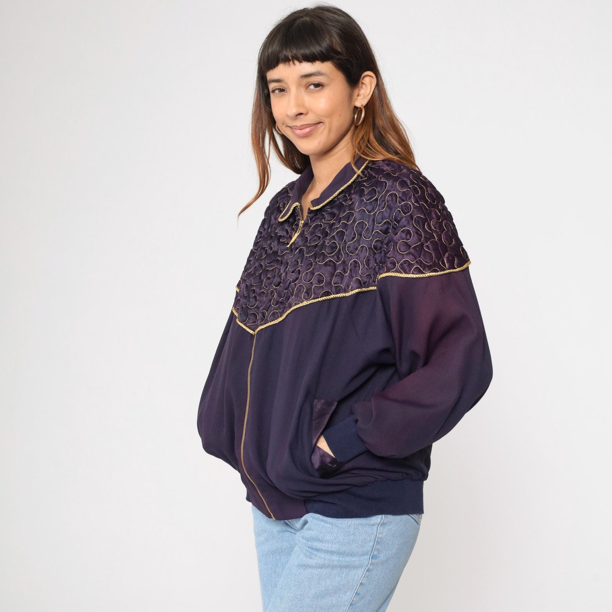 90s Purple Quilted Windbreaker Jacket Gold Trim Western Yoke Bomber Large L