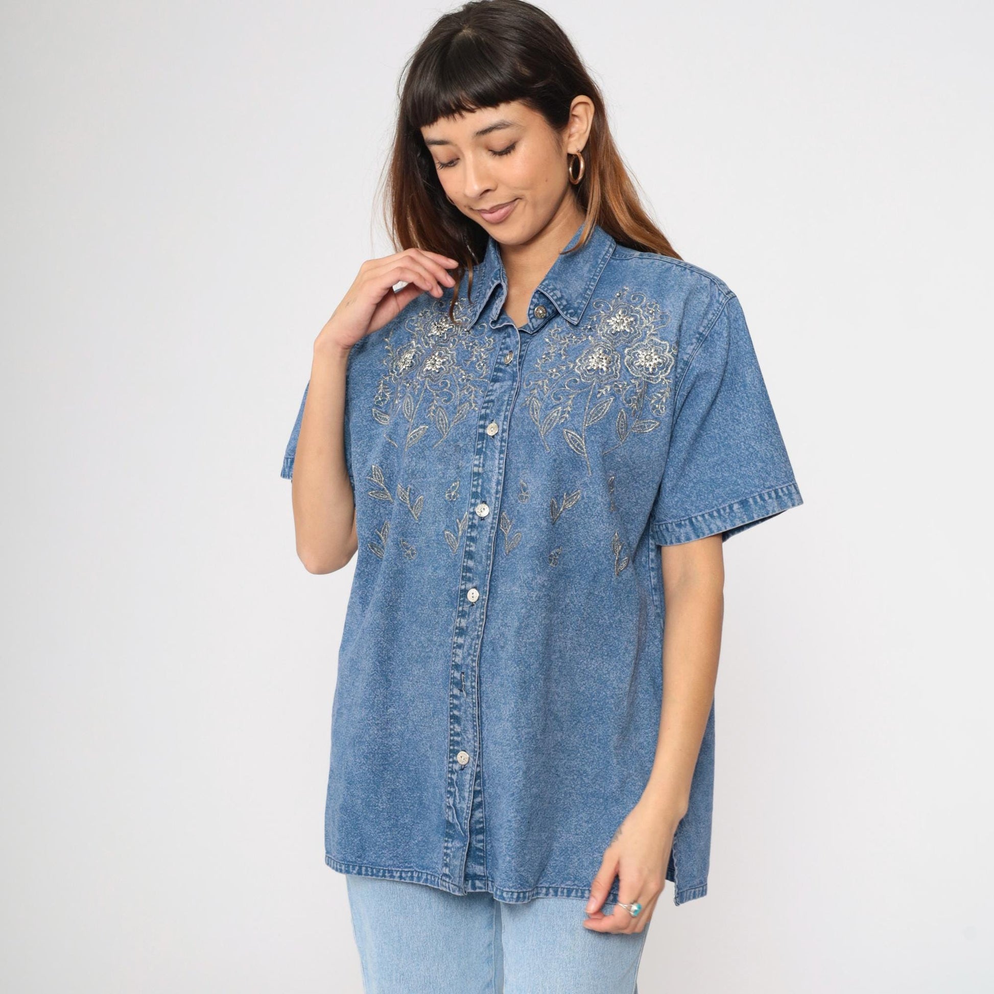 90s Club Z Denim Shirt Metallic Floral Embroidered Beaded Acid Wash Blue Medium M
