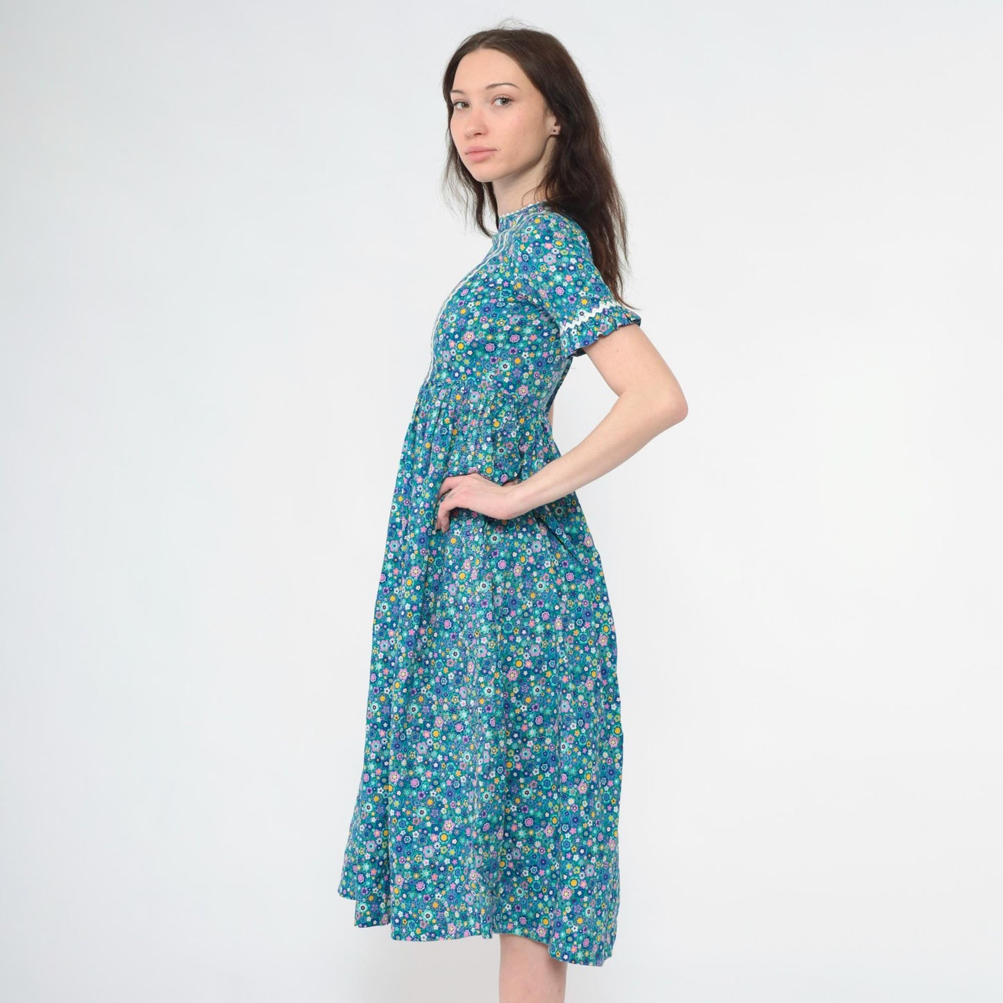 1960s Blue Floral Midi Dress Empire Waist Ruffled Short Sleeve XXS