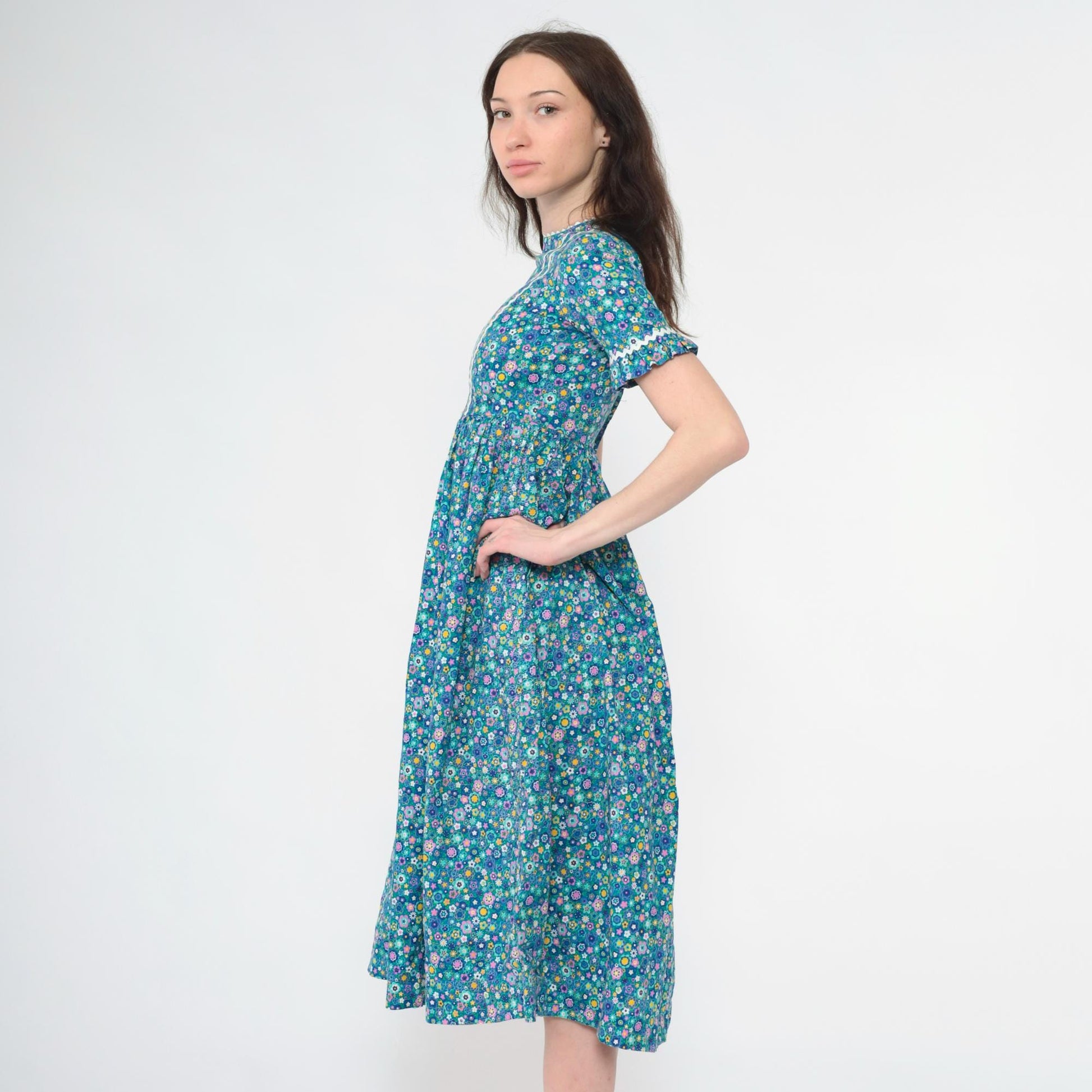 1960s Blue Floral Midi Dress Empire Waist Ruffled Short Sleeve XXS