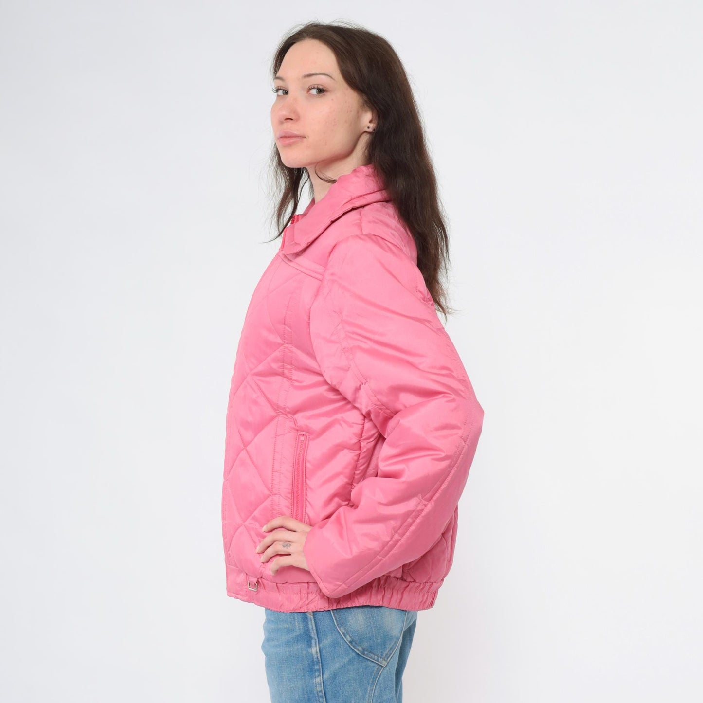 80s Pink Quilted Puffer Ski Jacket Zip-Up Winter Coat Medium