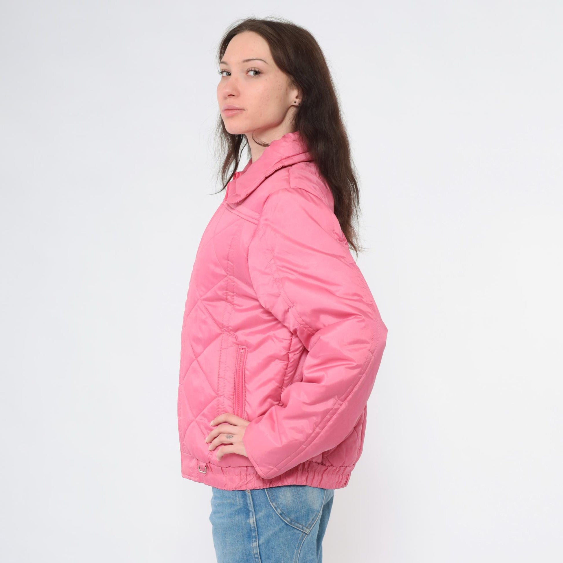 80s Pink Quilted Puffer Ski Jacket Zip-Up Winter Coat Medium