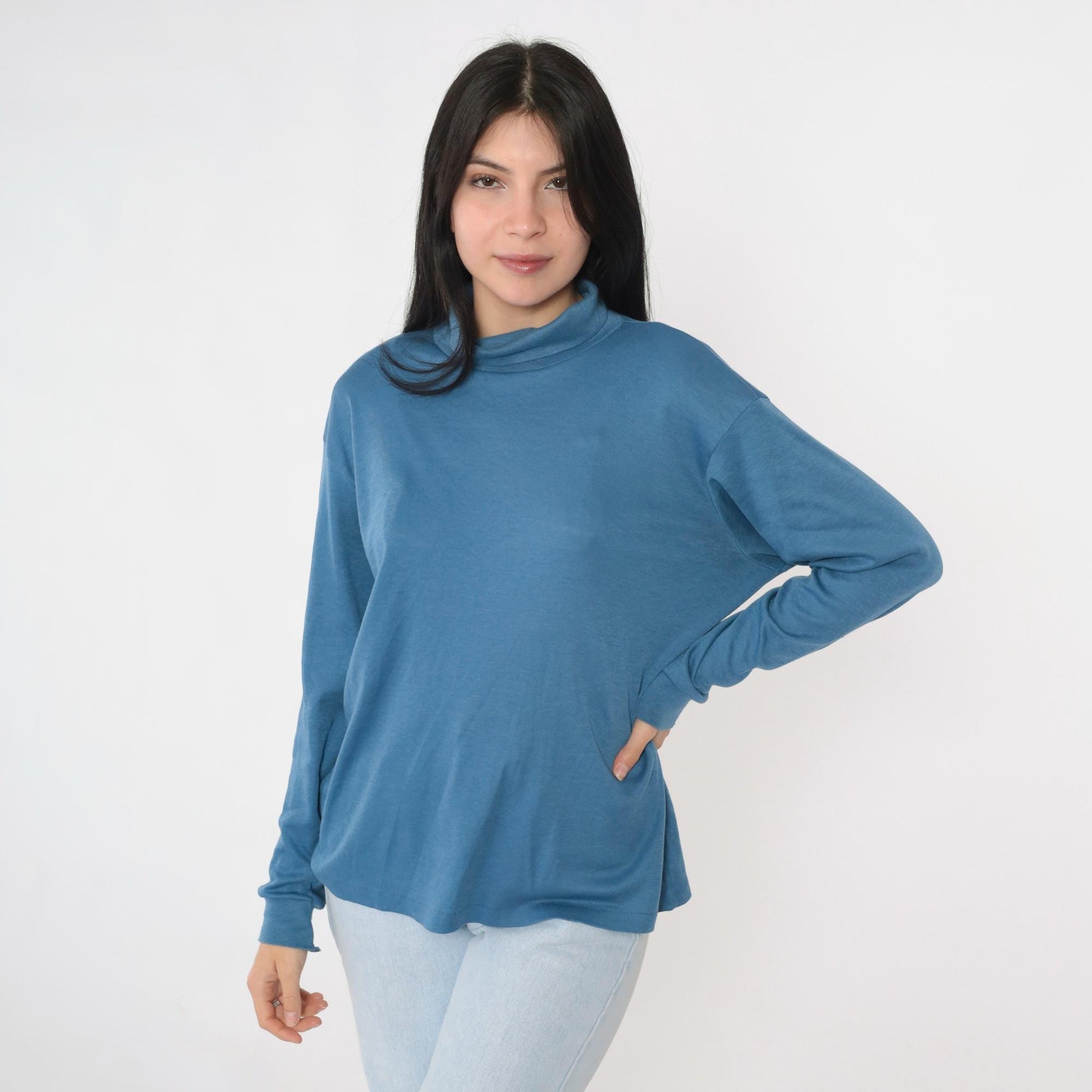 80s Bobbie Brooks Blue Turtleneck Long Sleeve Top Extra Large XL