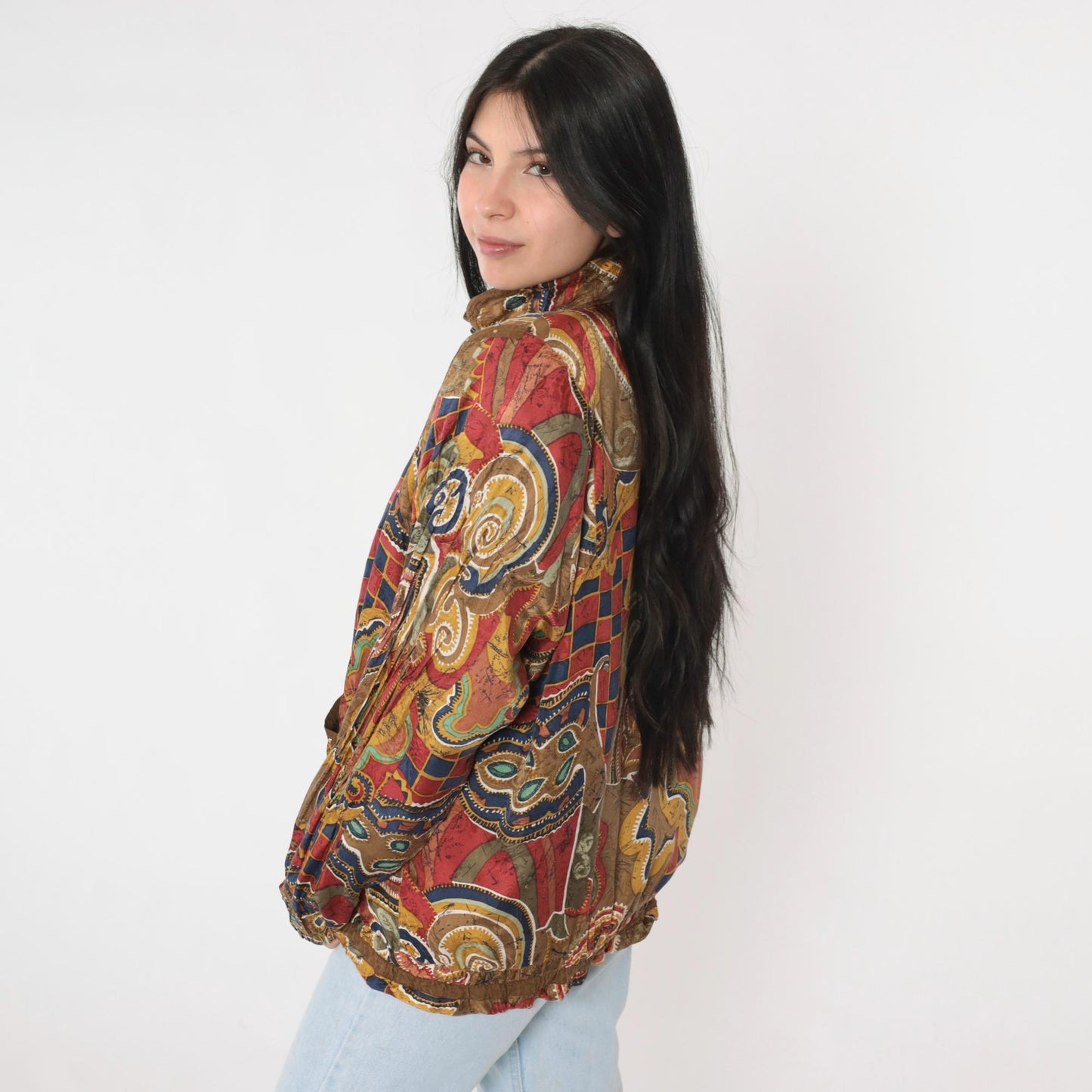 90s Mureli Silk Windbreaker Jacket Abstract Leaf Print Brown Studded Medium M