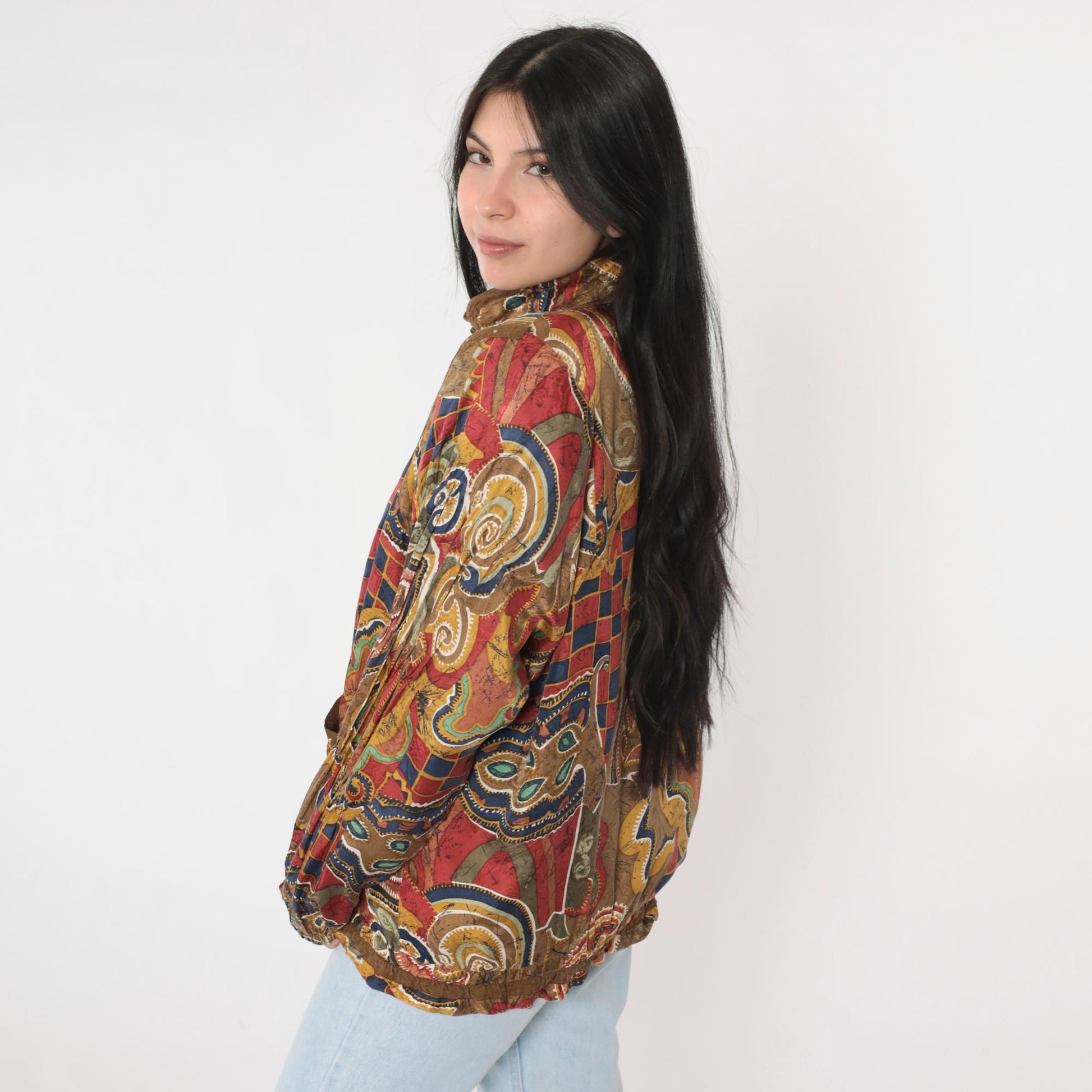 90s Mureli Silk Windbreaker Jacket Abstract Leaf Print Brown Studded Medium M