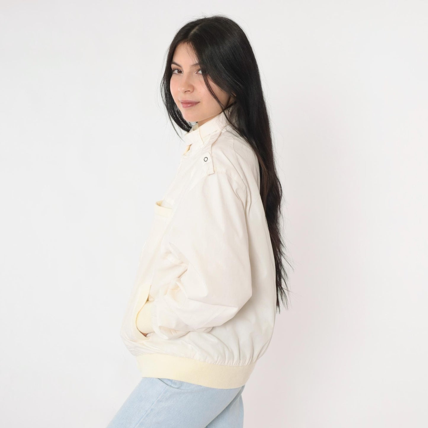 80s Cafe Racer Jacket Ivory Bomber Windbreaker Yellow Trim Epaulette Large L