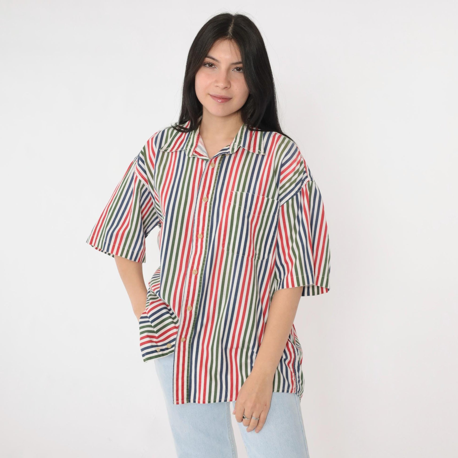 90s Appalachian Trail Striped Cotton Button-Up Shirt Green Blue Red Men's Large