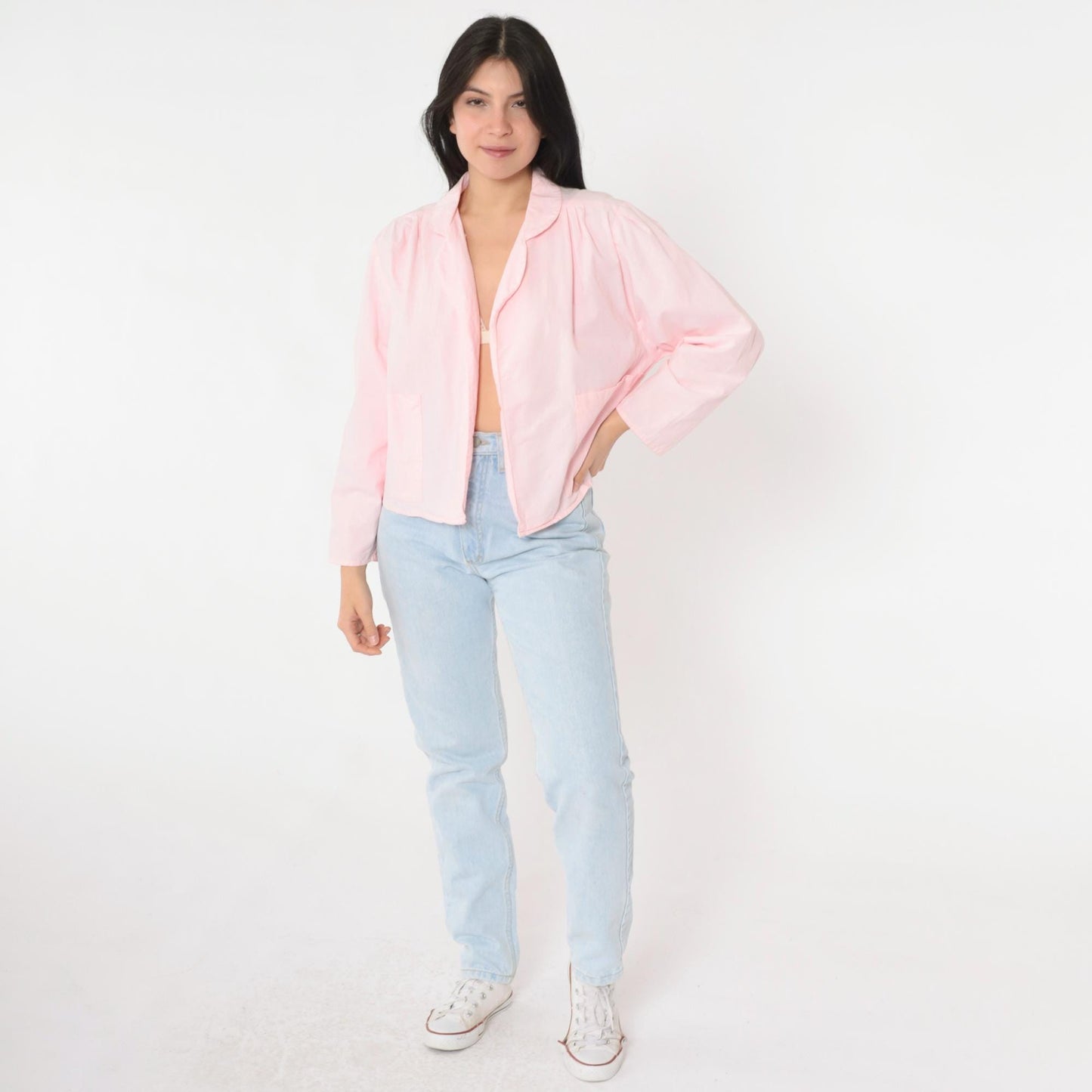 80s Liberated Lady Baby Pink Cotton Open Front Blazer Medium