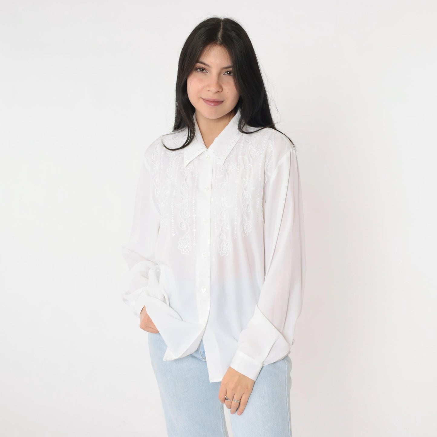 90s White Soutache Embroidered Blouse Floral Button-Up Long Sleeve Medium