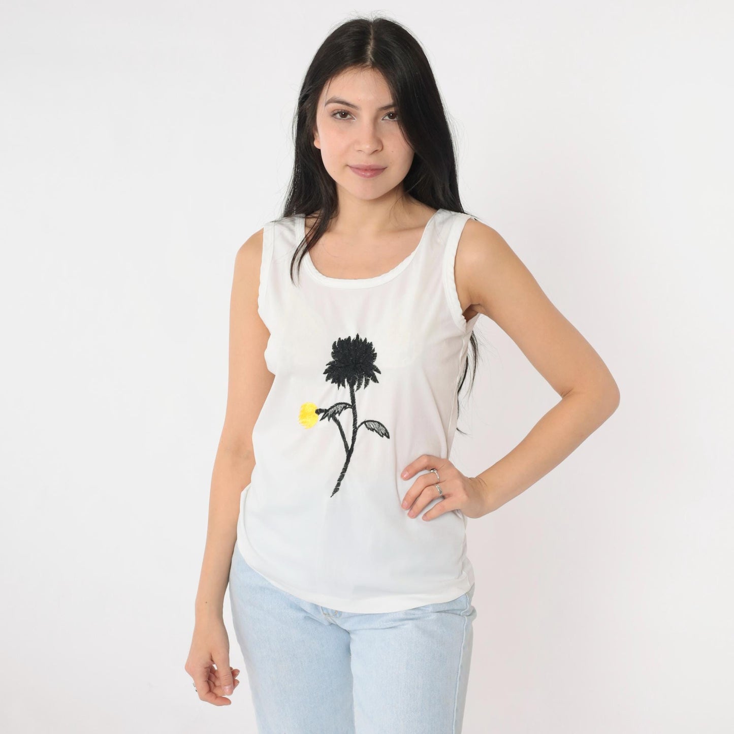 70s White Tank Top Black Yellow Floral Embroidered Rose Scoop Neck Extra Small
