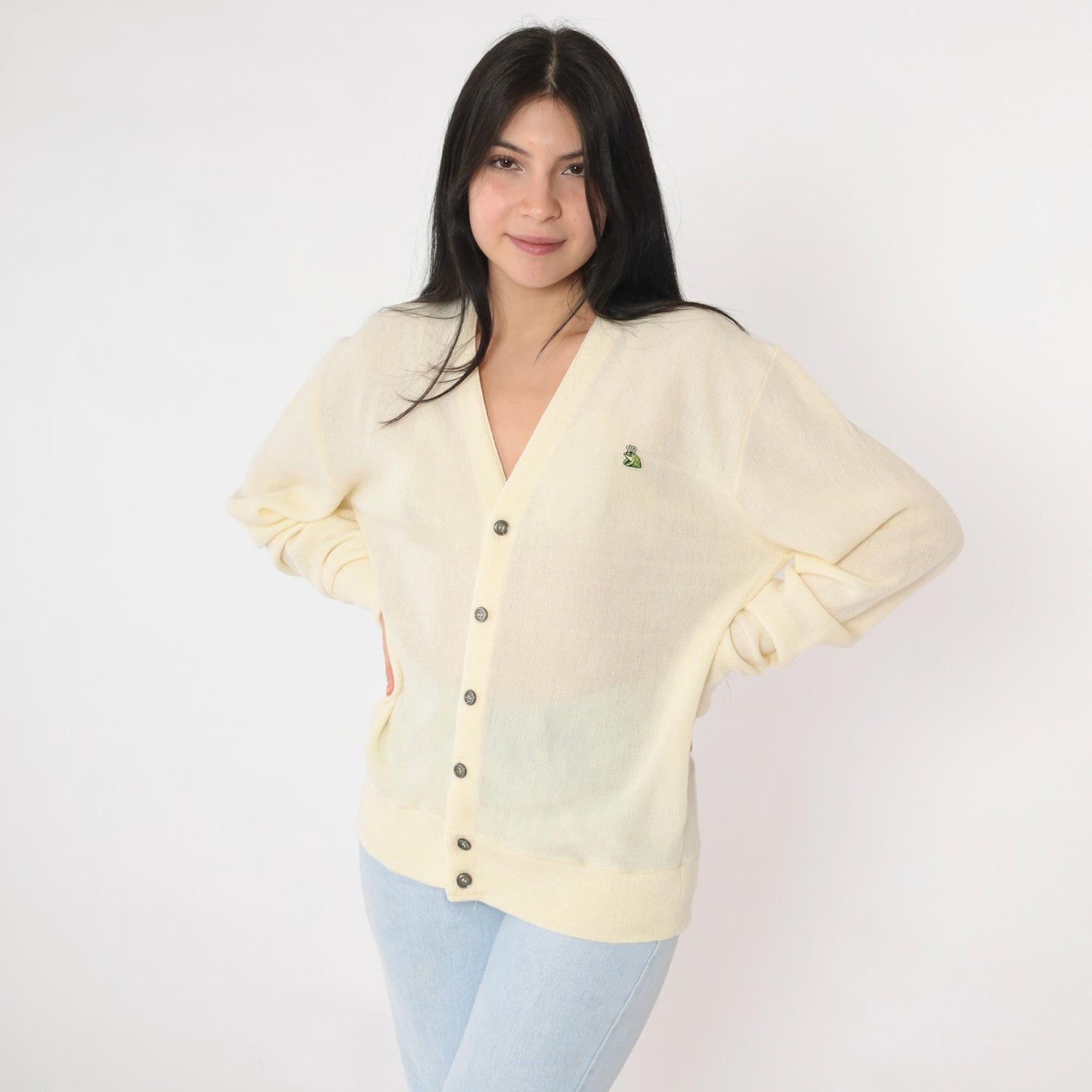 80s Van Cort Cream Cardigan Sweater Crowned Frog Emblem V-Neck Large L