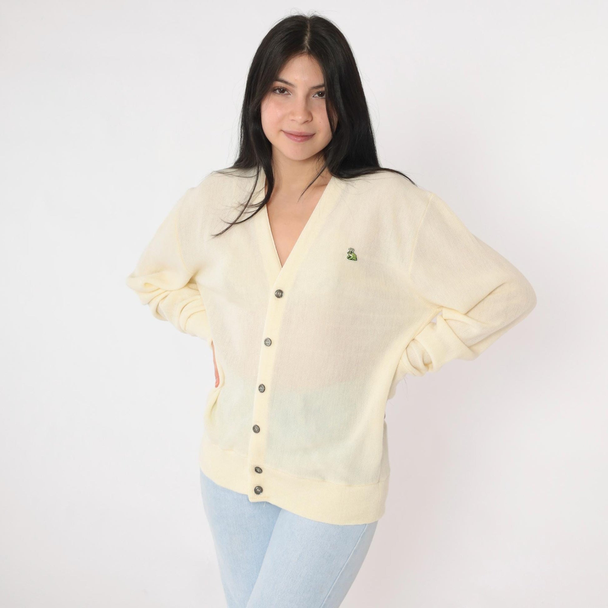 80s Van Cort Cream Cardigan Sweater Crowned Frog Emblem V-Neck Large L