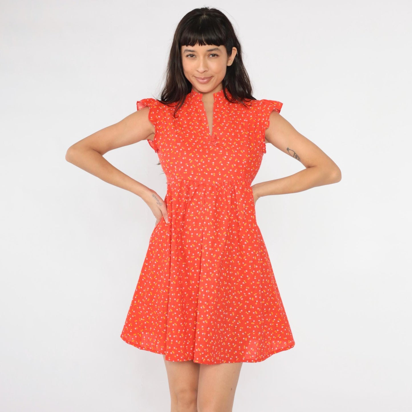 70s Orange Calico Floral Babydoll Mini Dress Empire Waist Flutter Sleeve XS