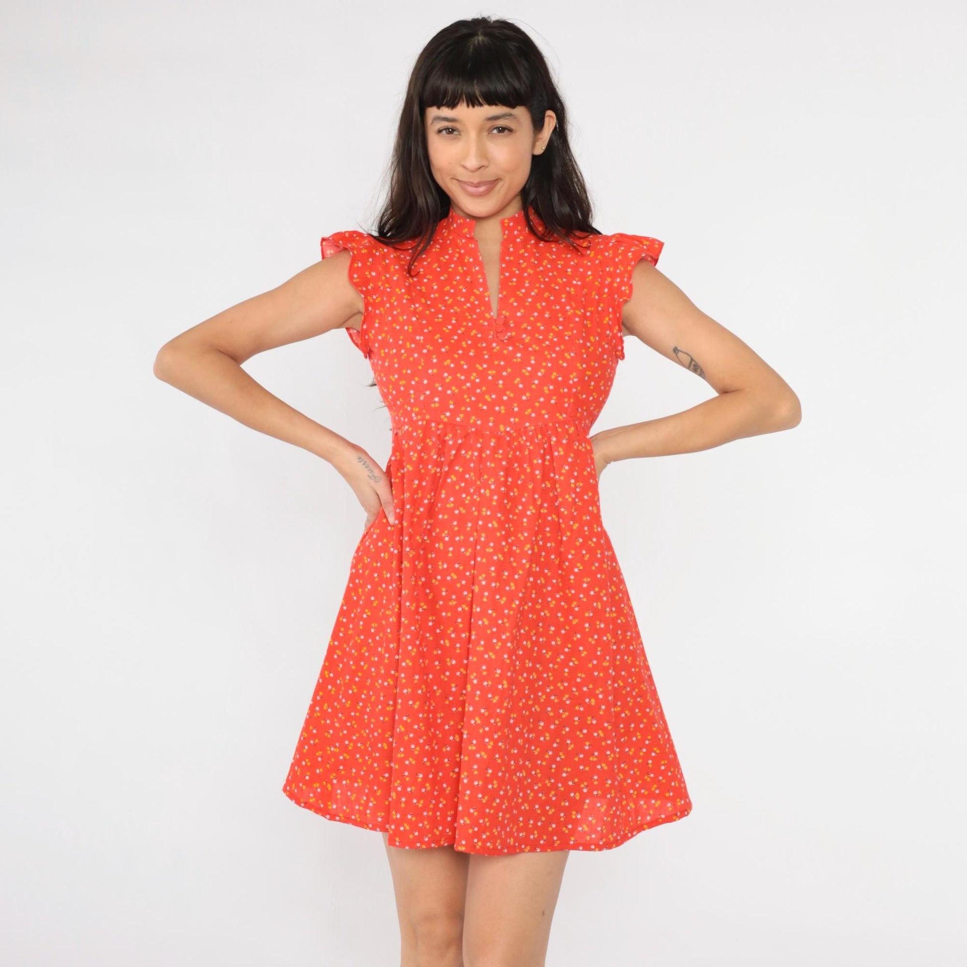 70s Orange Calico Floral Babydoll Mini Dress Empire Waist Flutter Sleeve XS