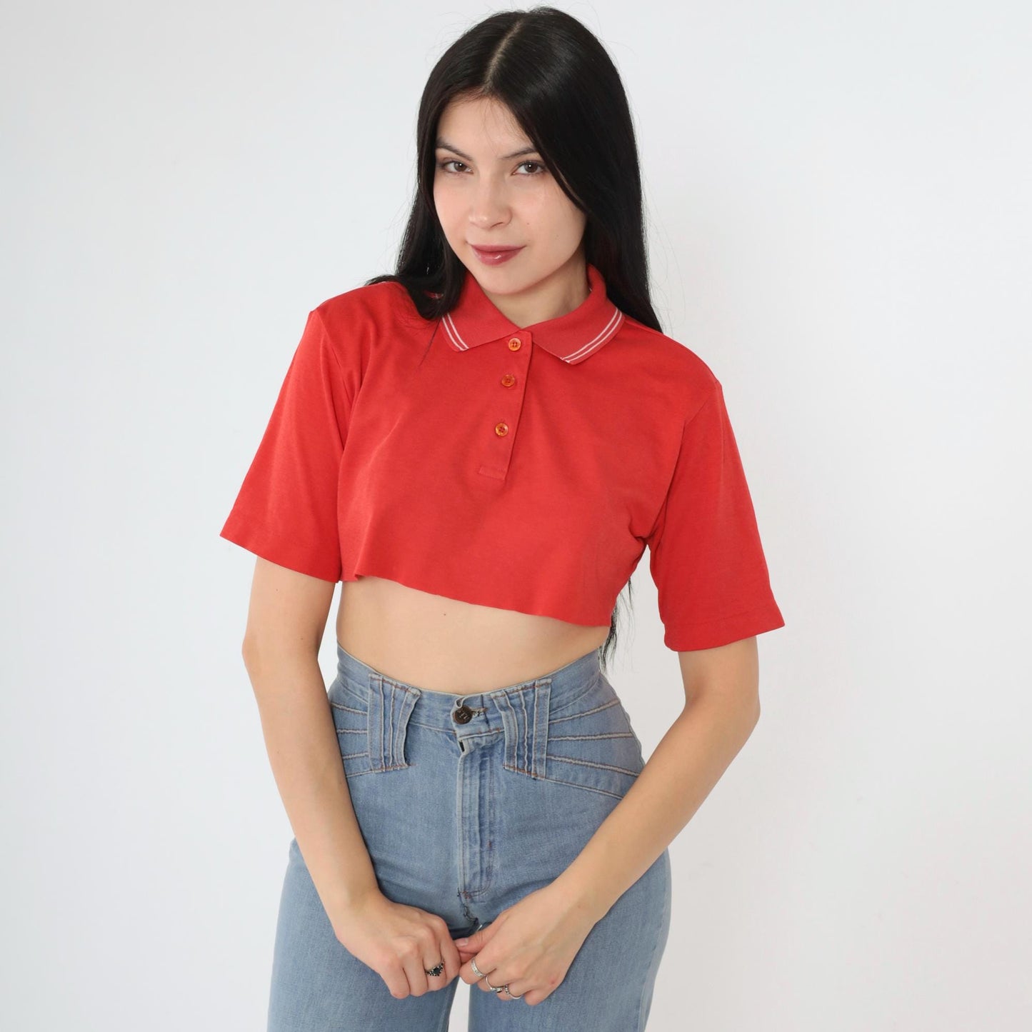 80s Cougar Golf Polo Crop Top Red White Stripe Raw Hem Small S
