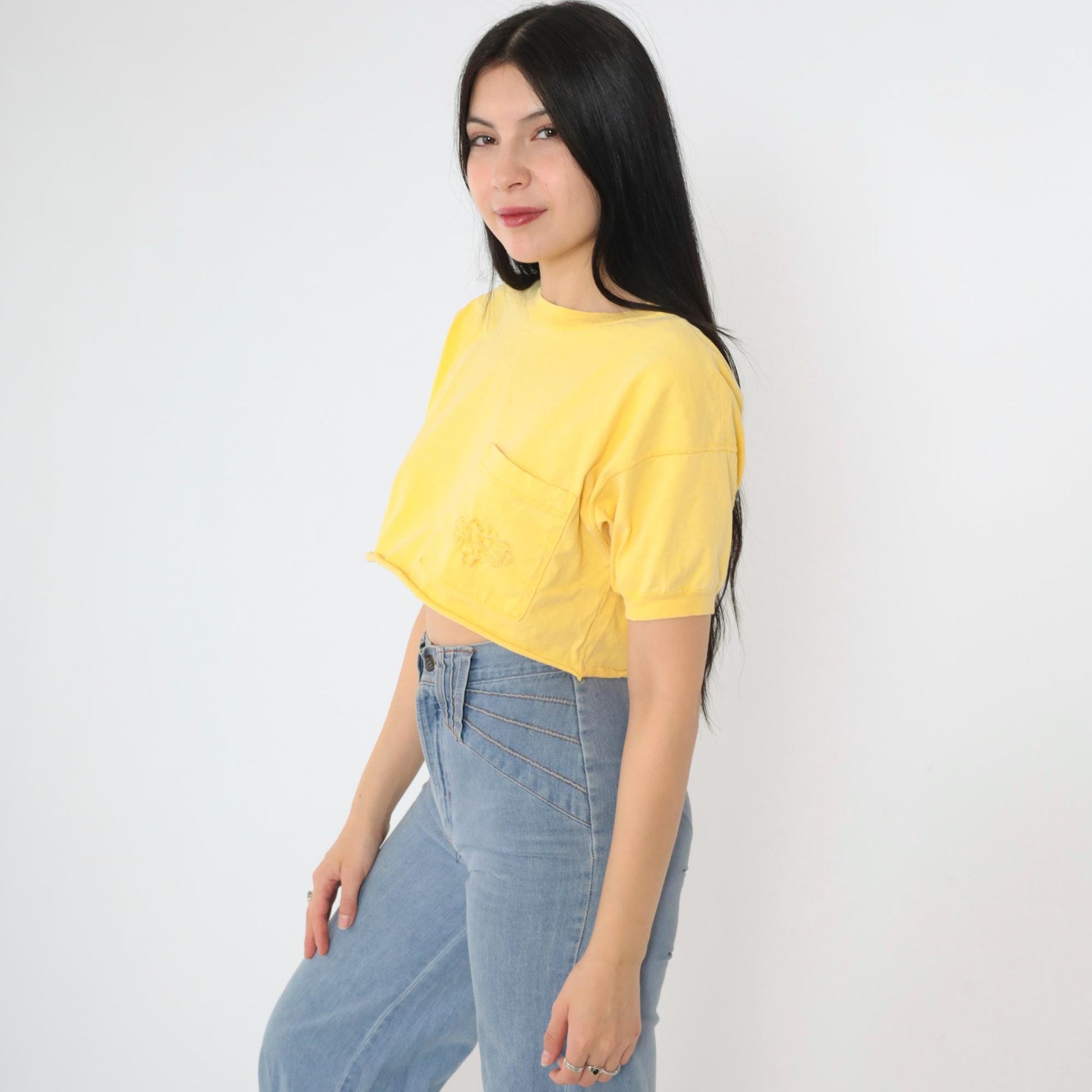 90s Yellow Crop Top Embroidered Pocket T-Shirt Small Medium