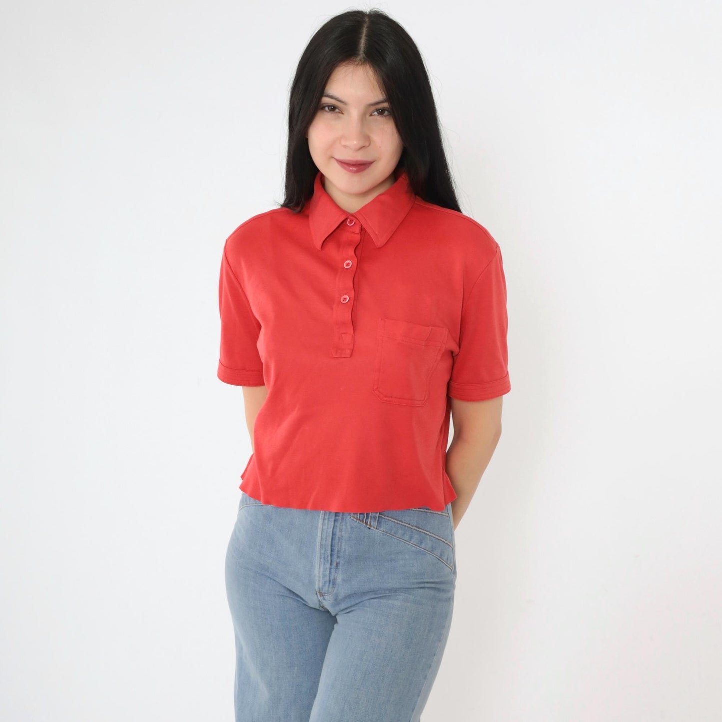 90s Red Polo Shirt Cropped Raw Hem Chest Pocket Medium M