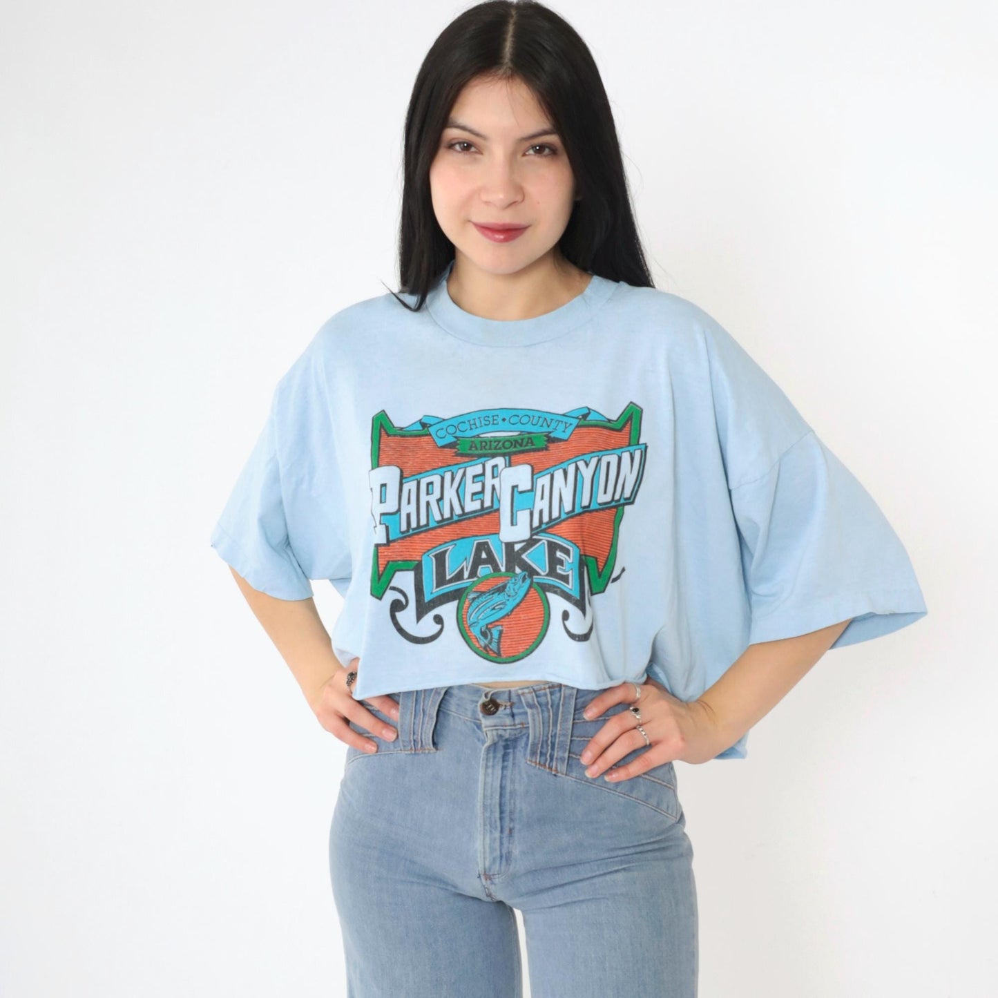90s Parker Canyon Lake Arizona Fishing Graphic Crop Tee Baby Blue XXL