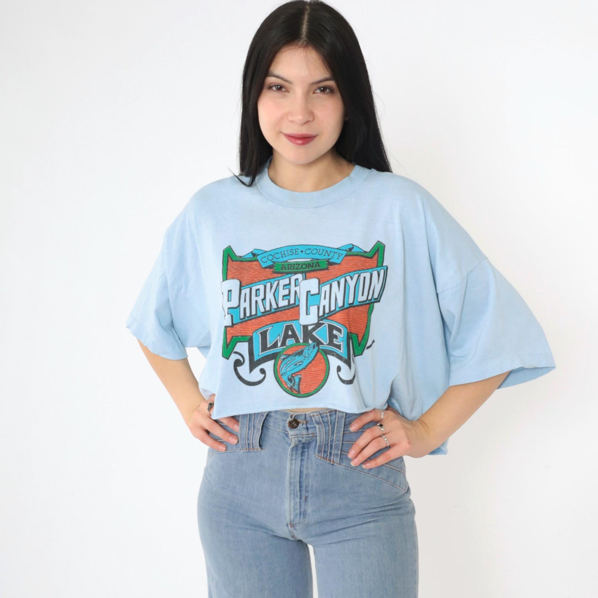 90s Parker Canyon Lake Arizona Fishing Graphic Crop Tee Baby Blue XXL