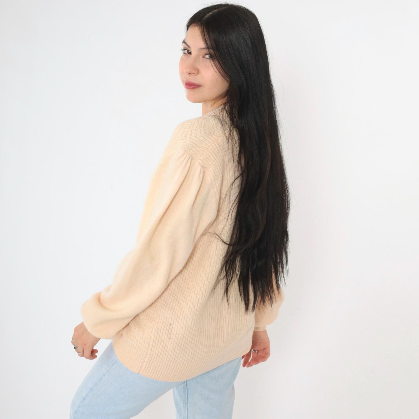 80s Peach Wool Angora Cardigan Deep V Neck Ribbed Button Up Medium