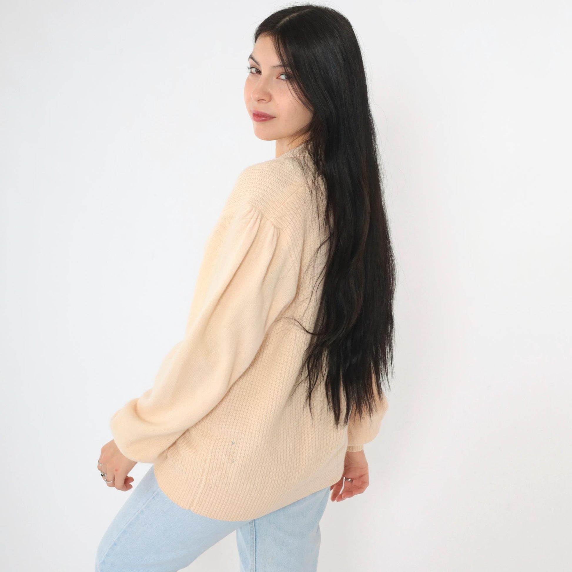 80s Peach Wool Angora Cardigan Deep V Neck Ribbed Button Up Medium