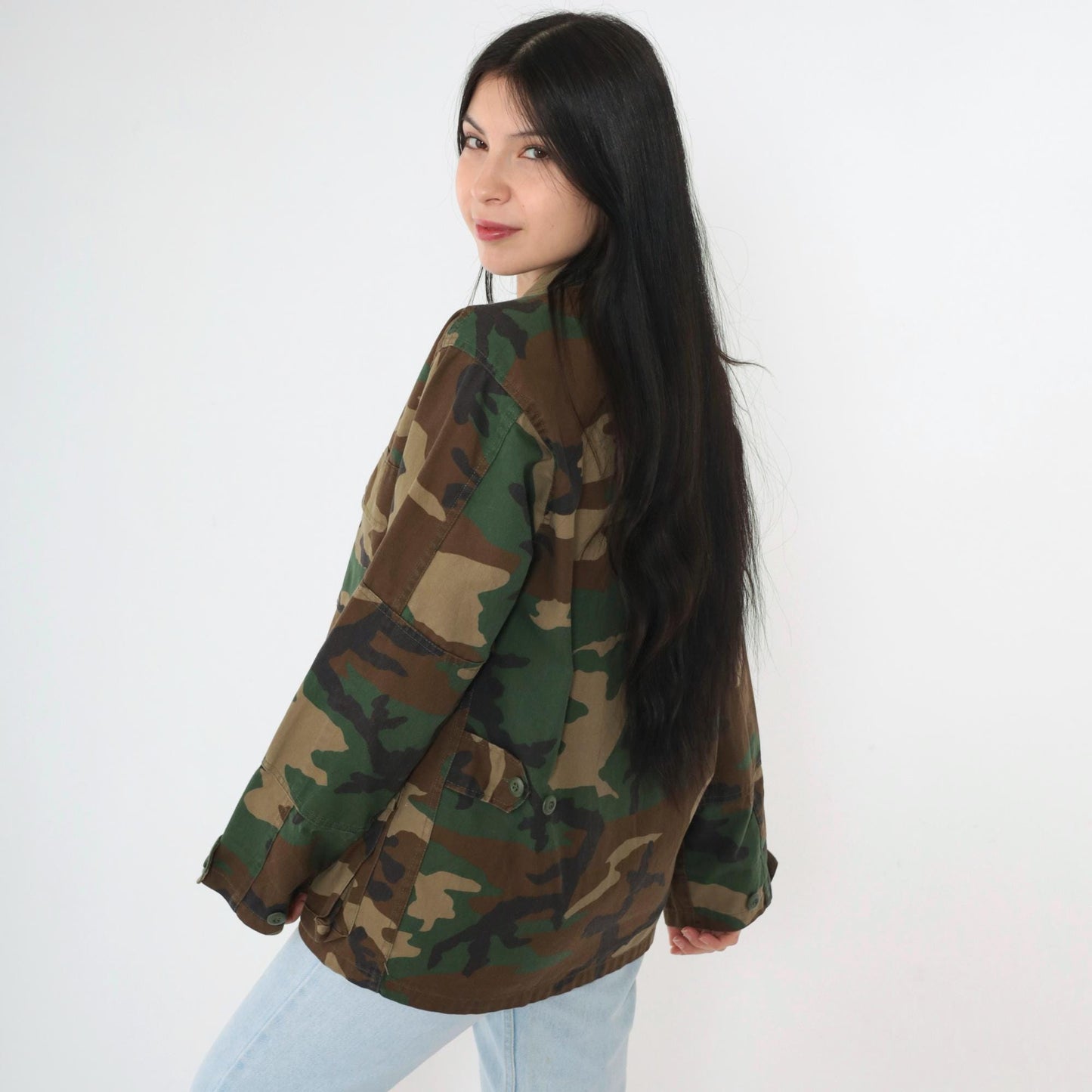 90s Woodland Camouflage Military Jacket Button Front Utility XSmall