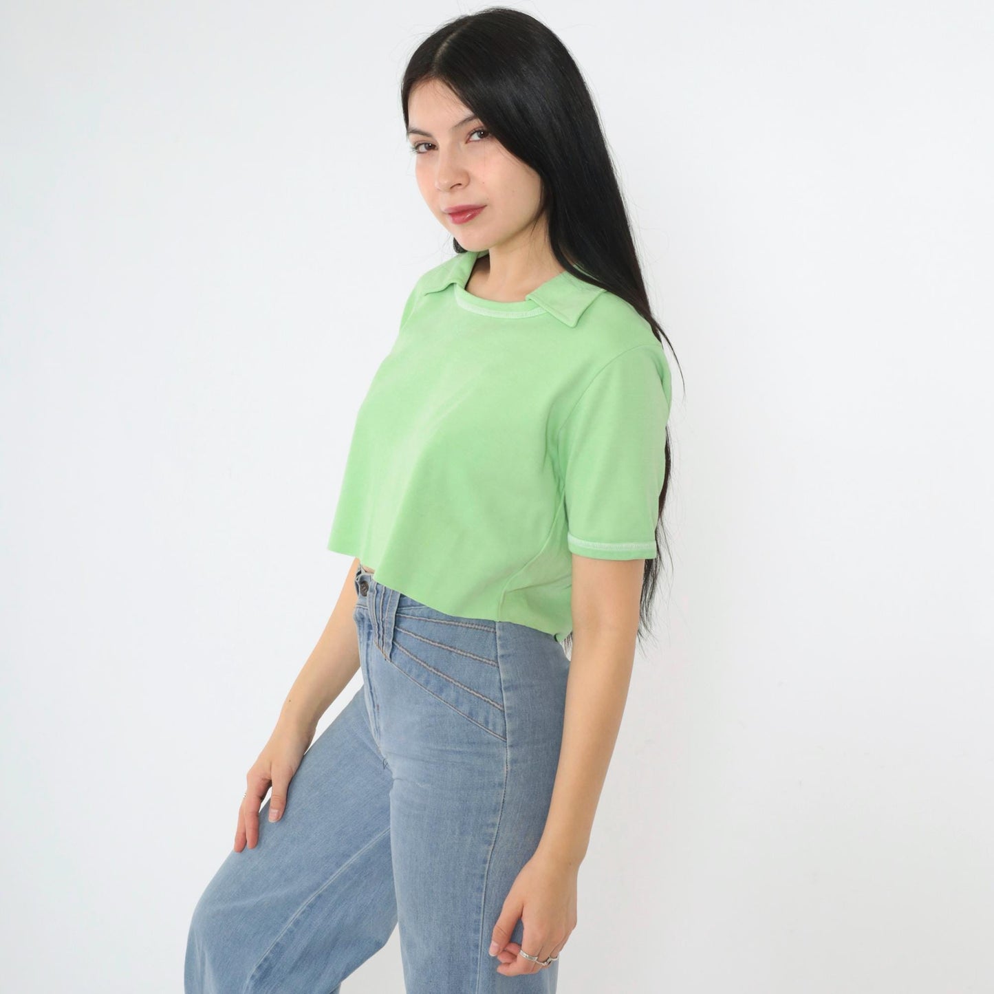 70s Mint Green Cropped Collared Blouse Short Sleeve Raw Hem Small Medium
