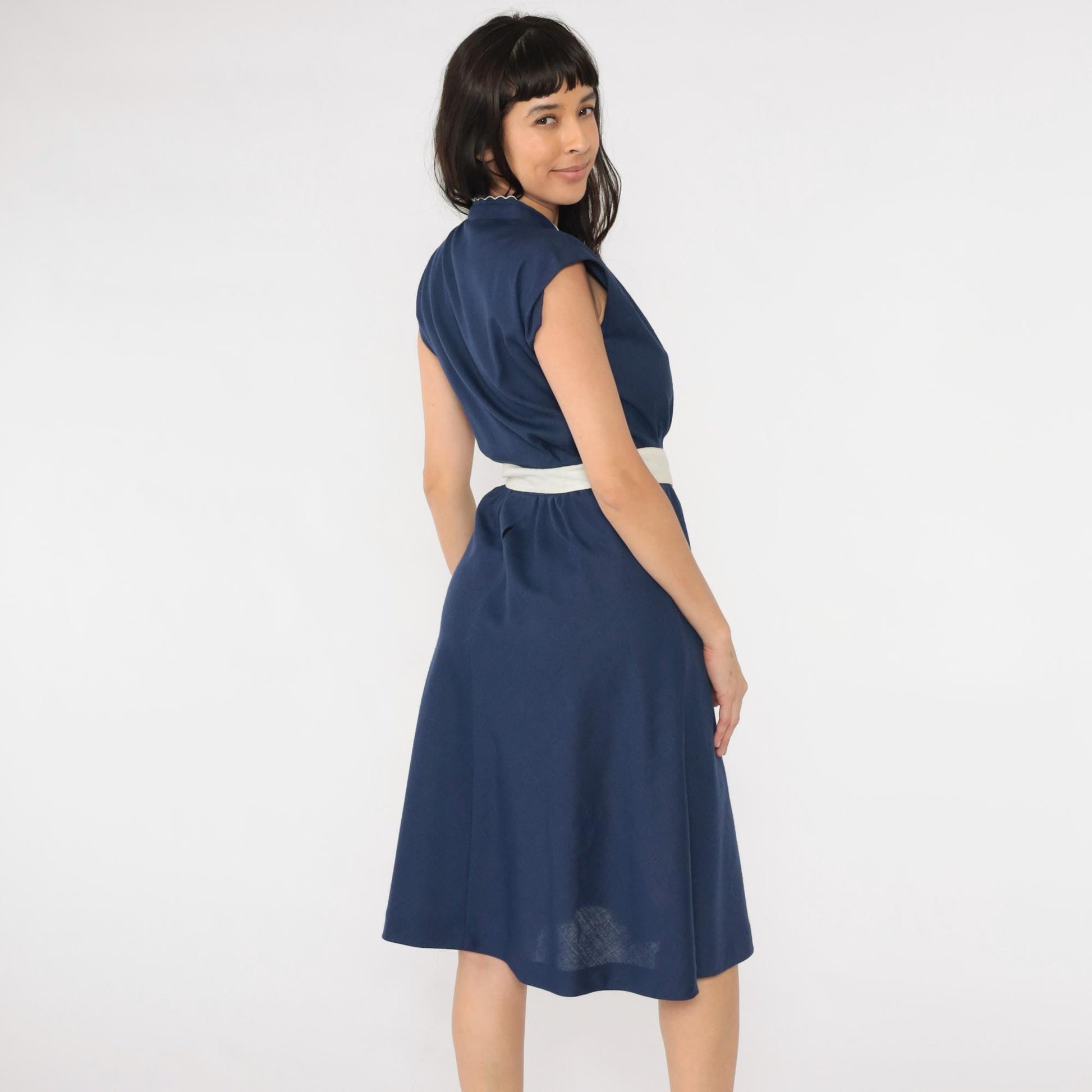 70s Jody of California Navy Wrap Dress Scalloped Neckline Midi Small