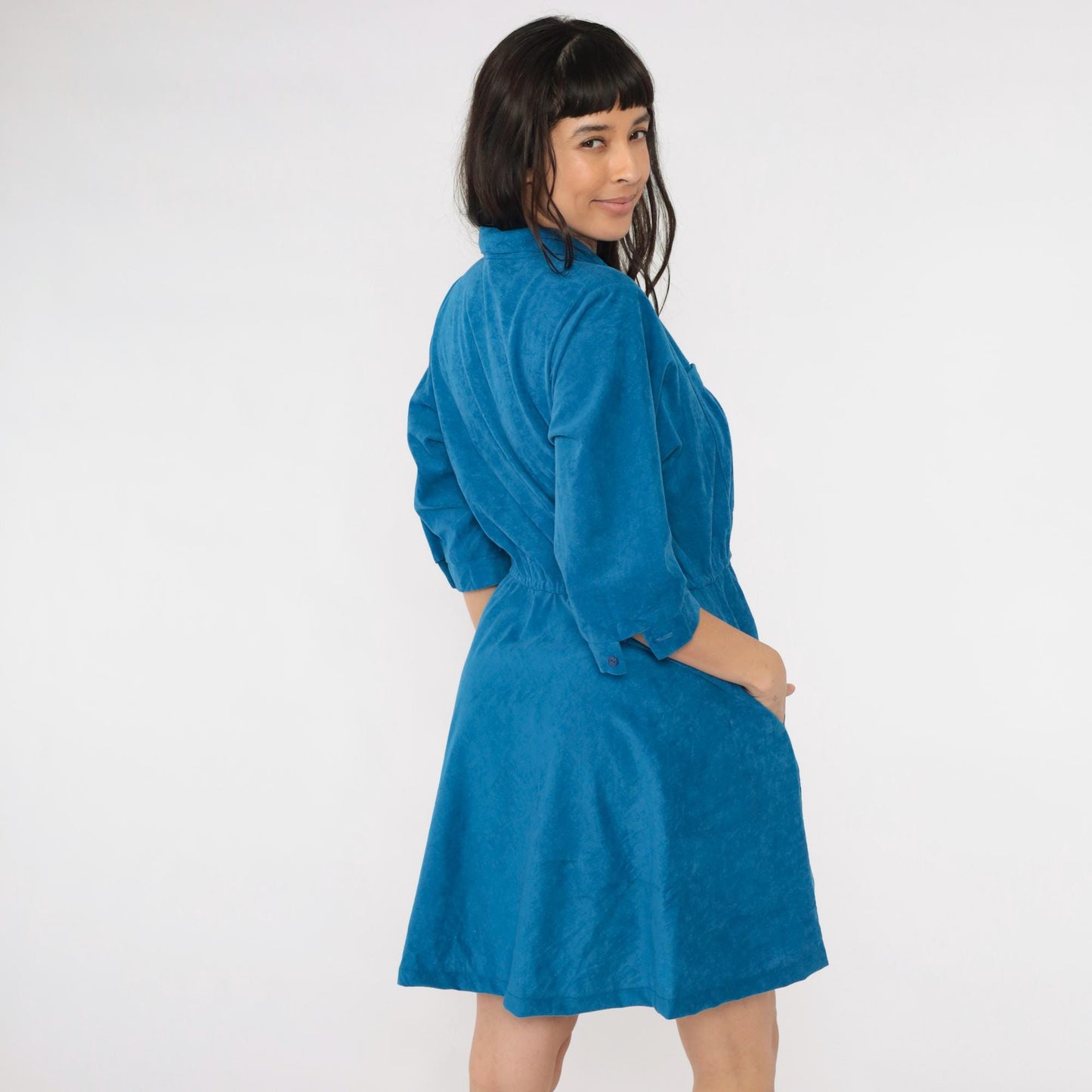 80s Blue Velour Mini Shirtdress High Waist Button Up A-Line Medium