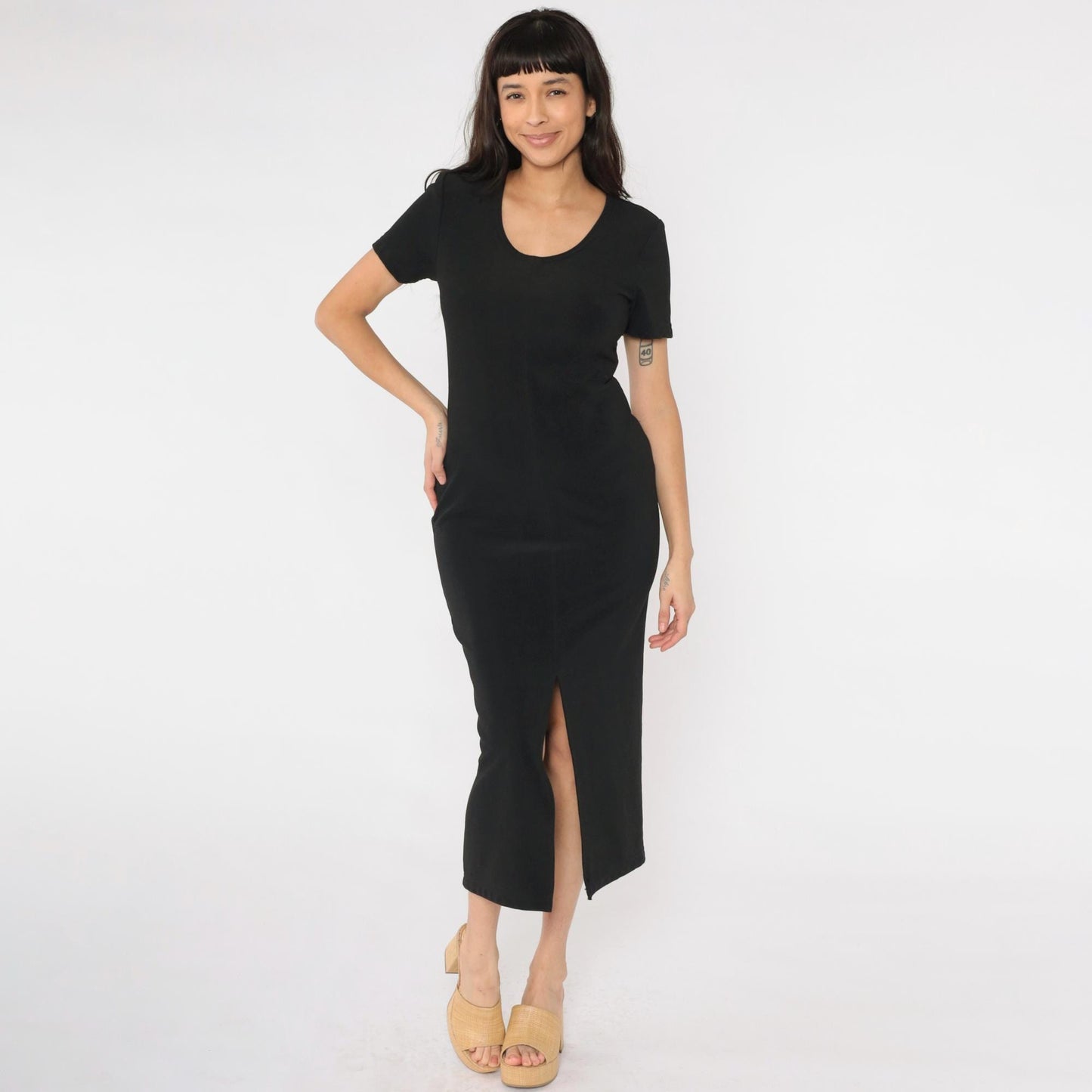 90s Black Bodycon Midi Dress Front Slit Scoop Neck Short Sleeve Medium