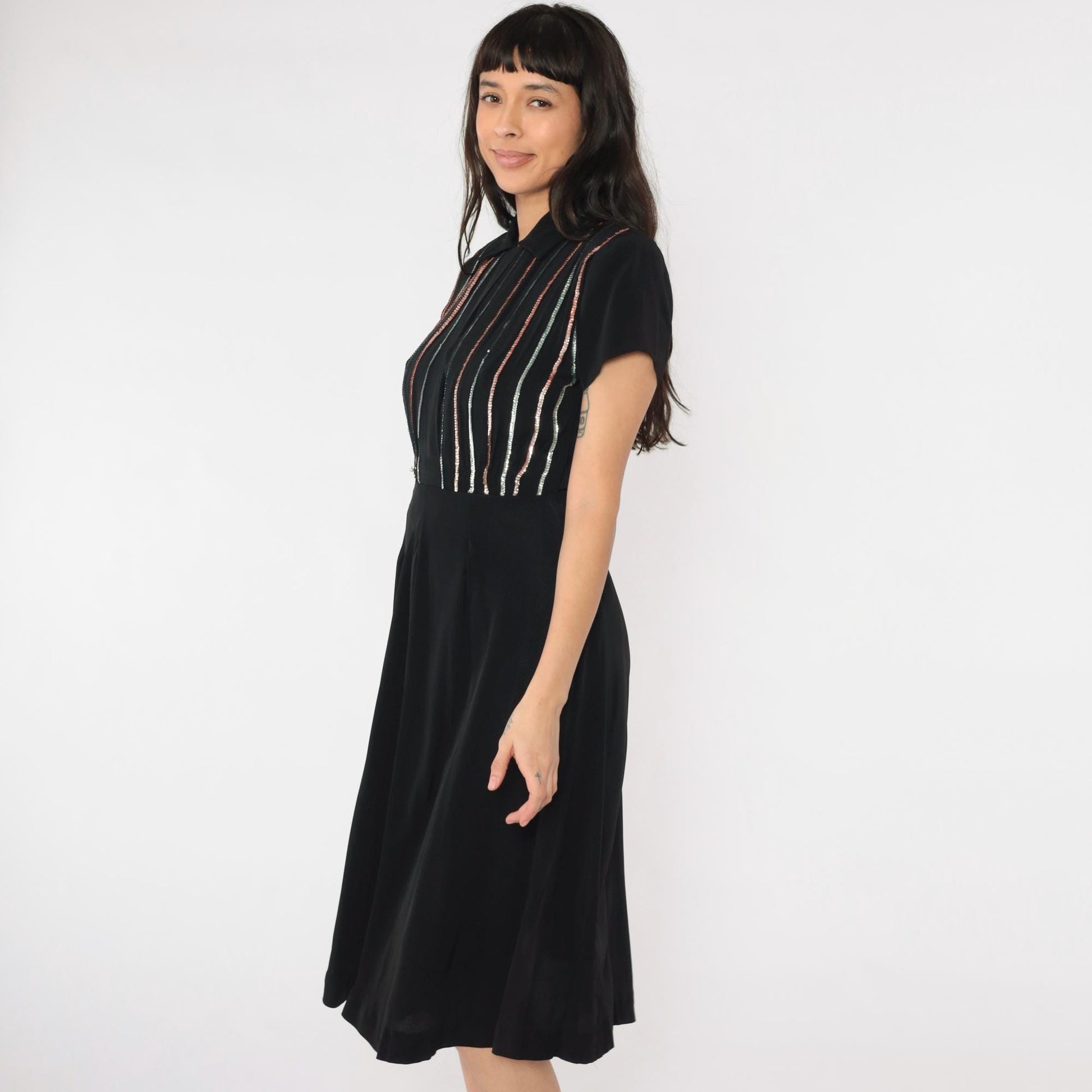 1950s Black Sequin Stripe Party Dress Midi Pleated Skirt Small S