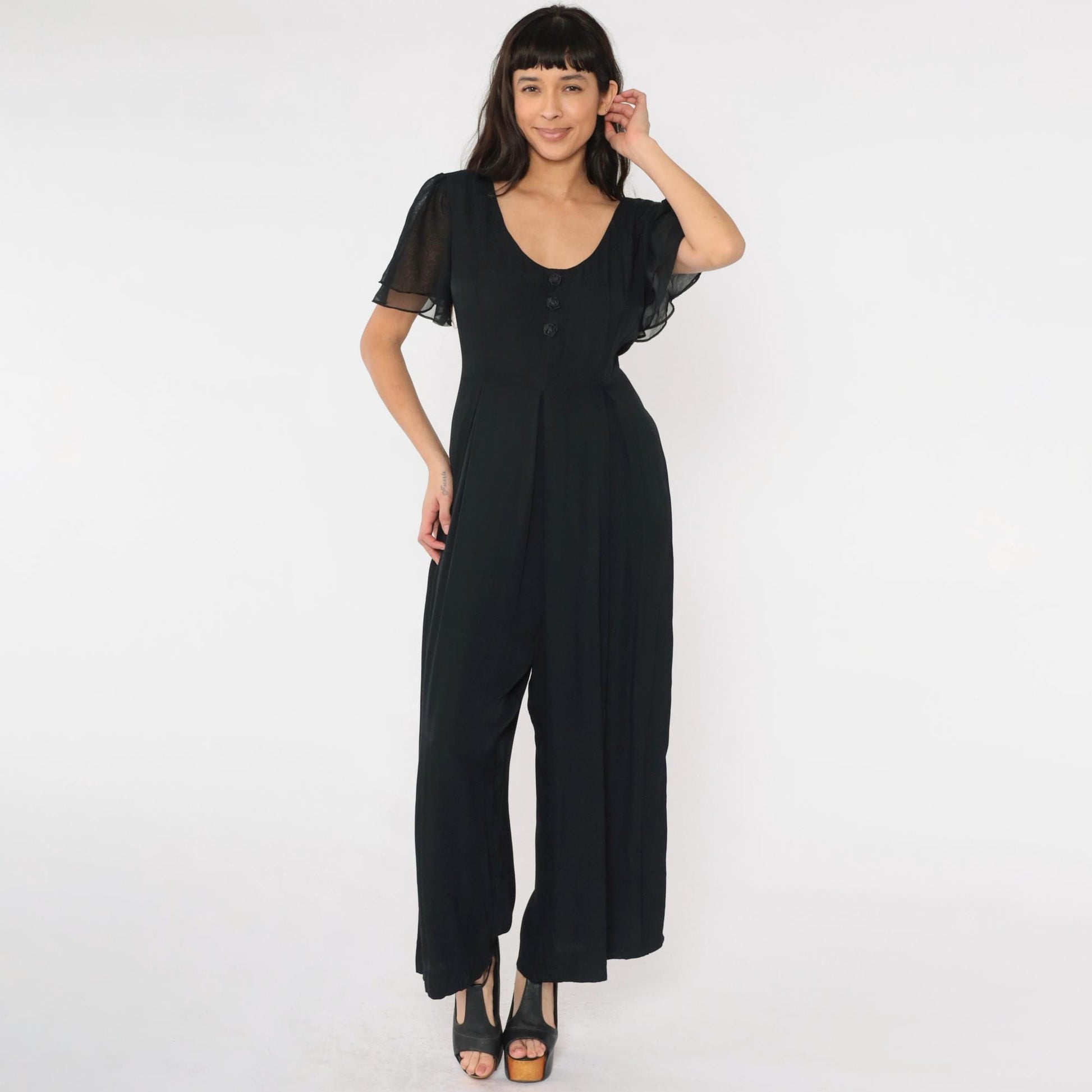 90s Black Wide Leg Jumpsuit Chiffon Flutter Sleeve Scoop Neck Medium M