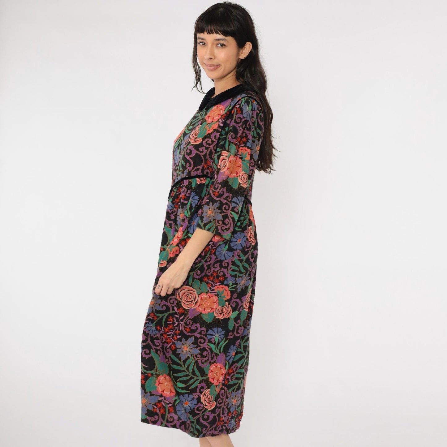 80s Floral Midi Dress Black Multicolor Peter Pan Collar Velvet Asymmetrical Large