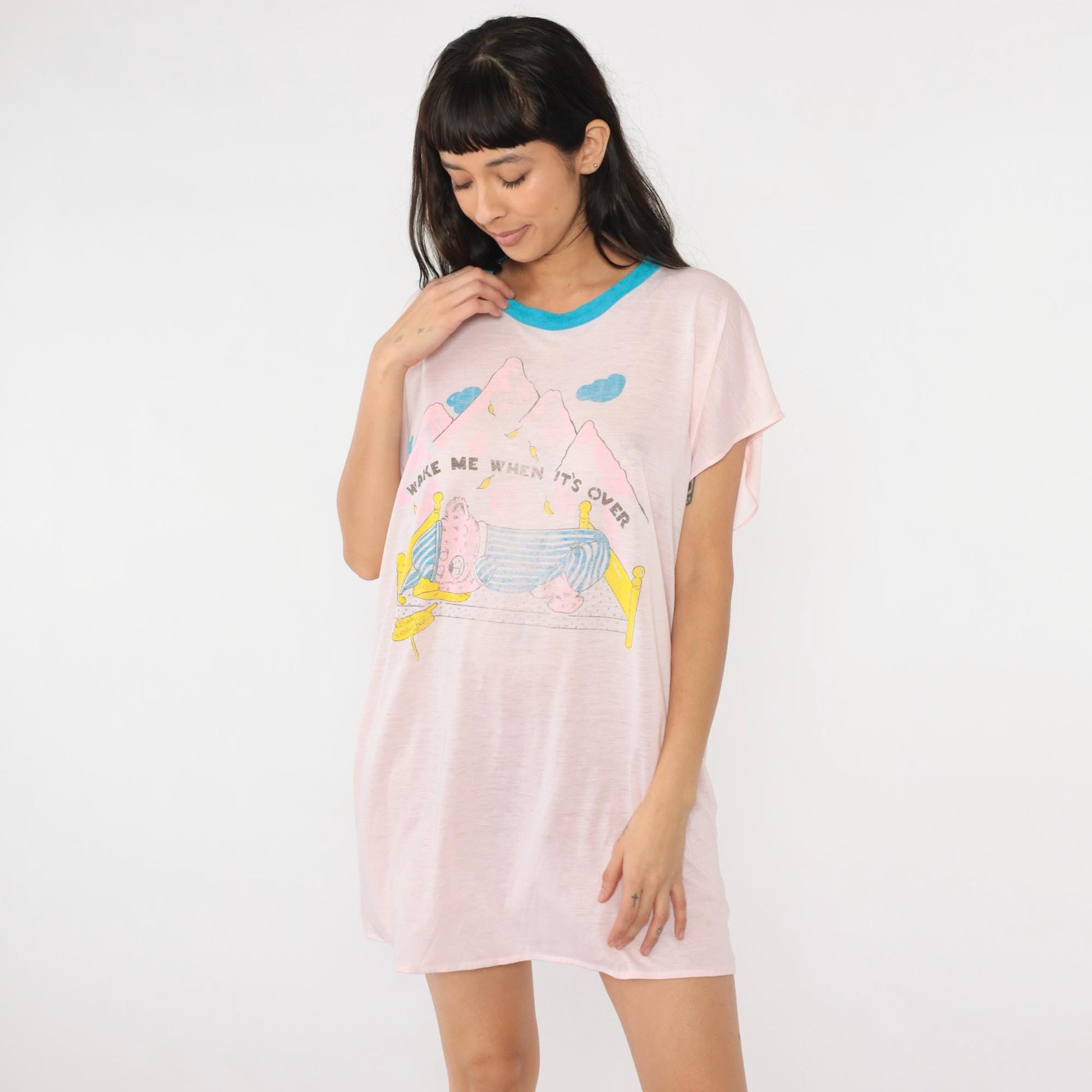 80s Teddy Bear Pajama Dress Wake Me When It's Over Ringer Nightgown Pink Small
