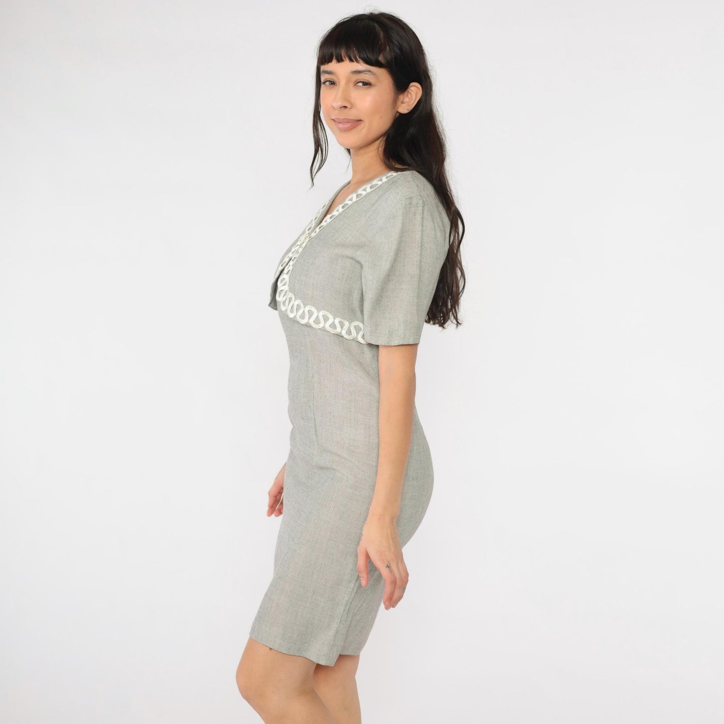 80s Grey Sheath Dress Pencil Silhouette Illusion Bolero Small