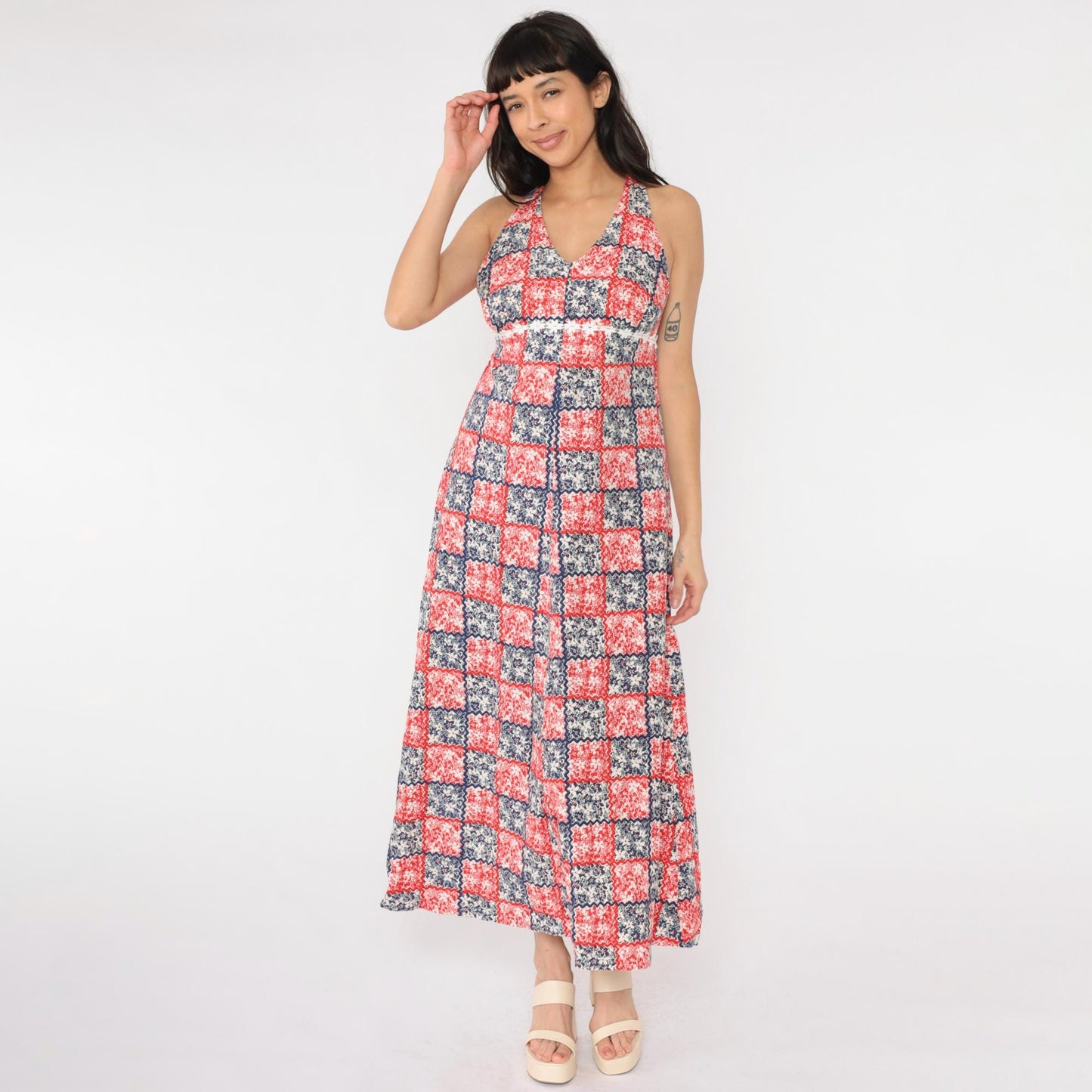70s Patchwork Floral Maxi Halter Dress Red White Blue Empire Waist Small