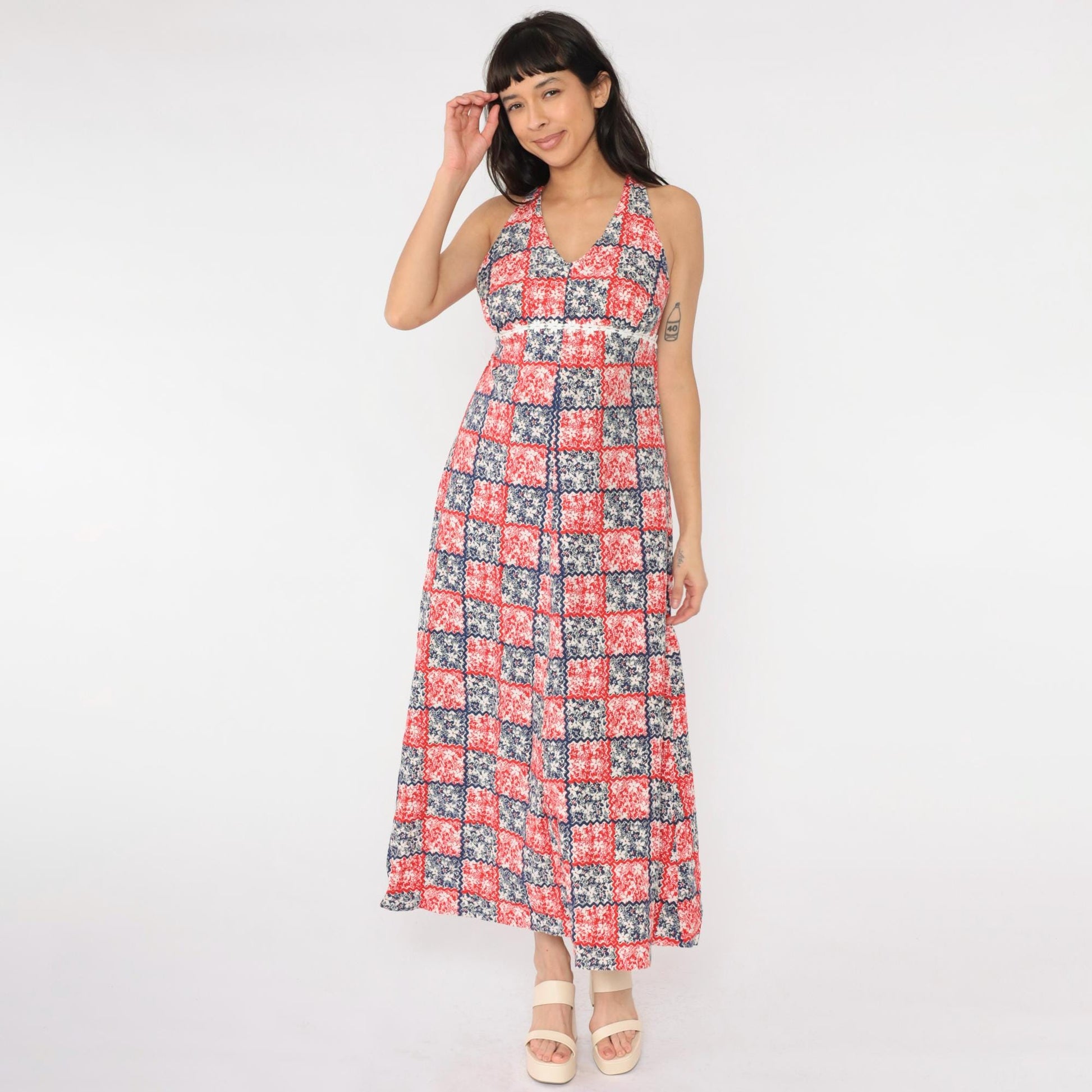 70s Patchwork Floral Maxi Halter Dress Red White Blue Empire Waist Small