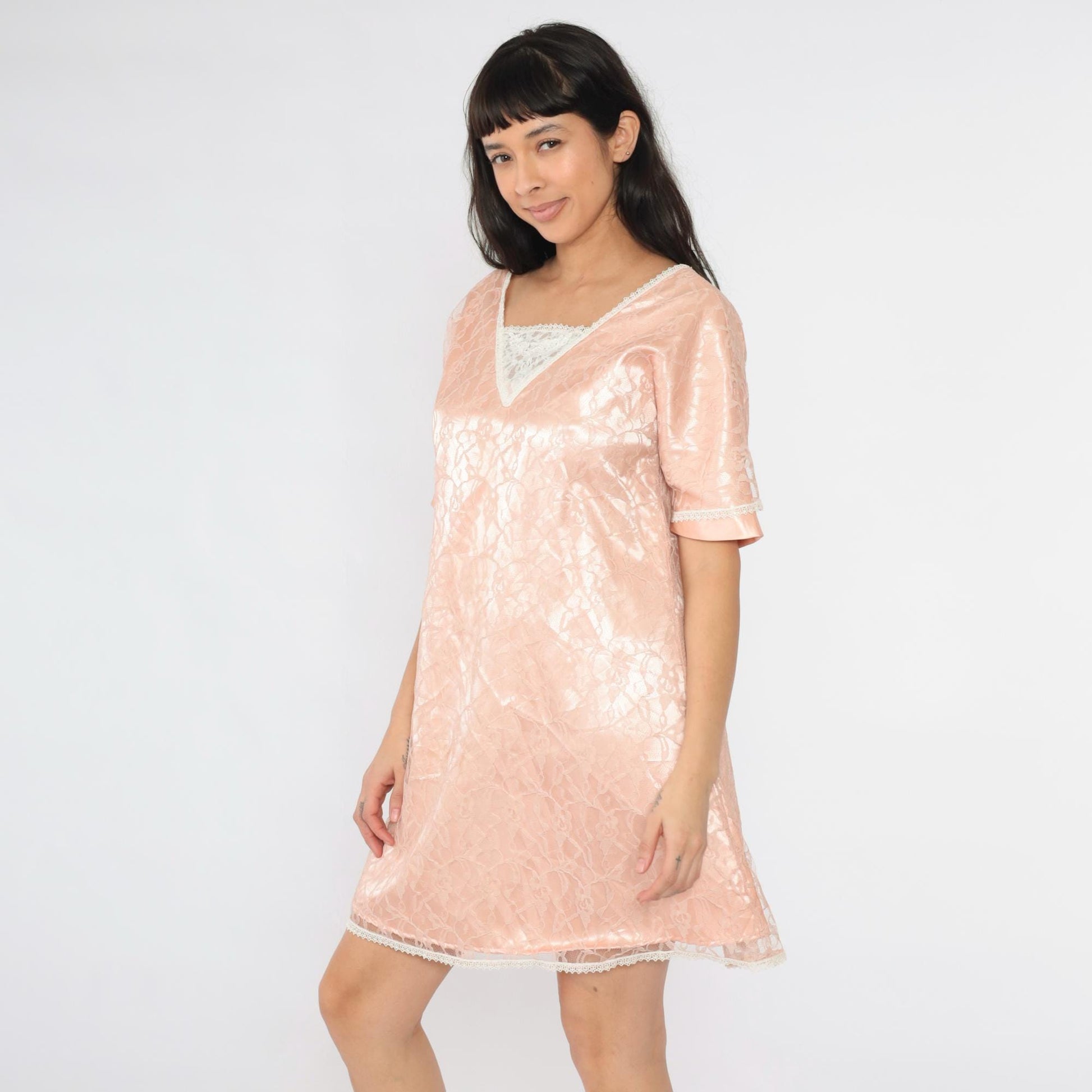 80s Pink Satin Lace Mini Dress Floral Overlay Short Sleeve Medium M
