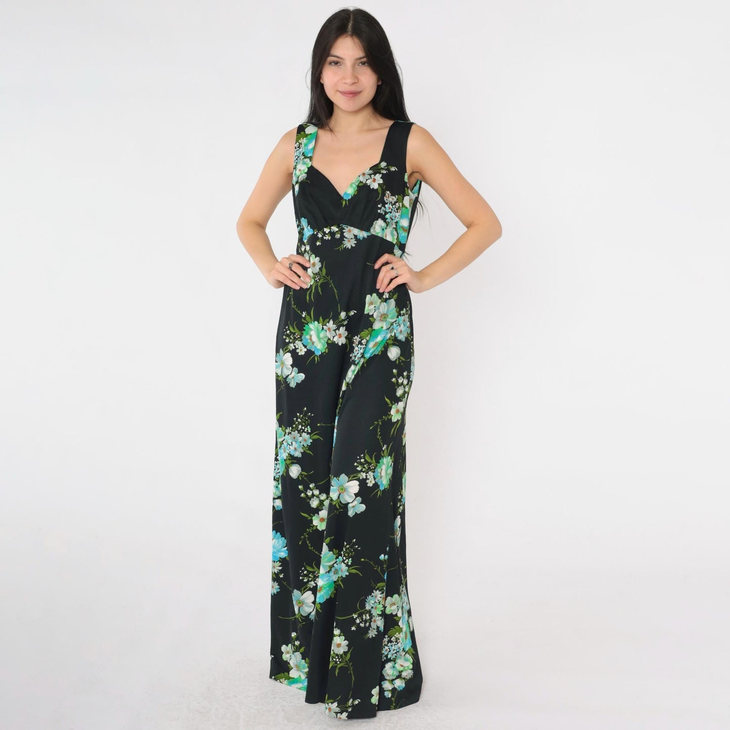 70s Black Floral Maxi Dress Empire Waist Sleeveless Sweetheart Neckline Medium